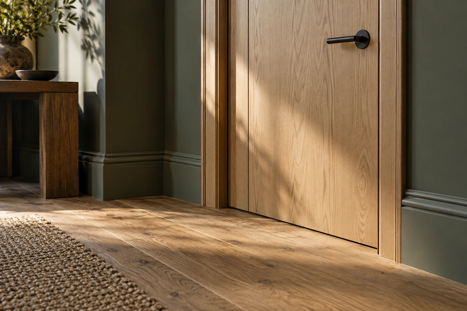 Illustrative internal door with neatly fitted architrave and skirting