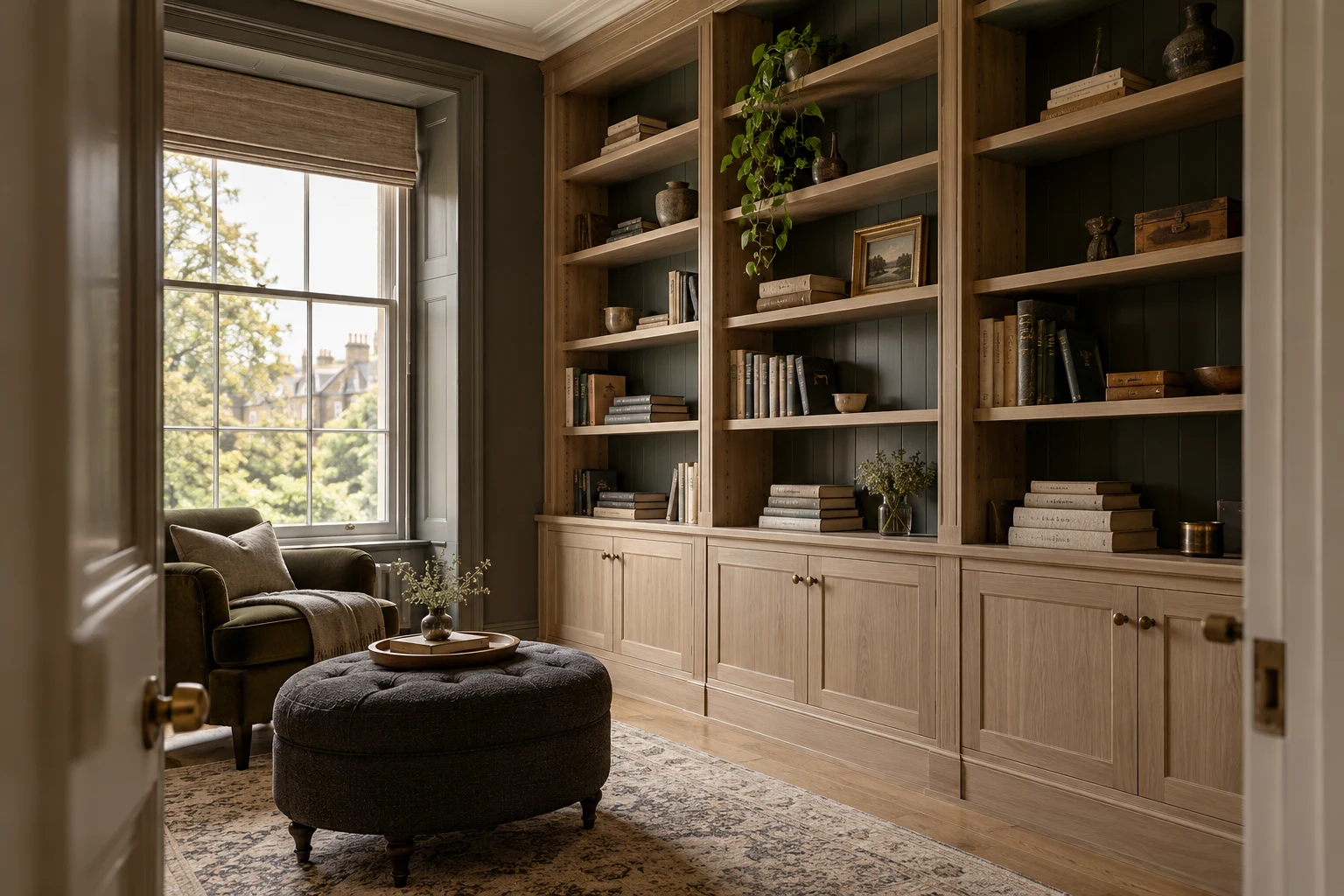 Illustrative fitted shelving and timber cabinetry in a British home