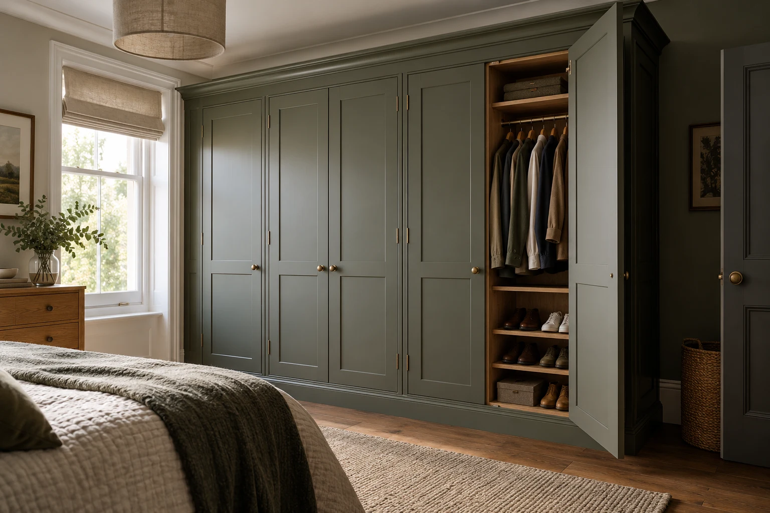 Illustrative fitted bedroom wardrobe with organised internal storage