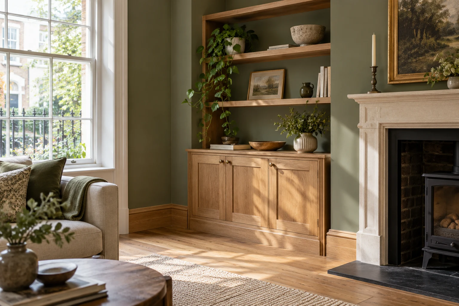 Illustrative oak cabinetry and painted skirting in a finished room