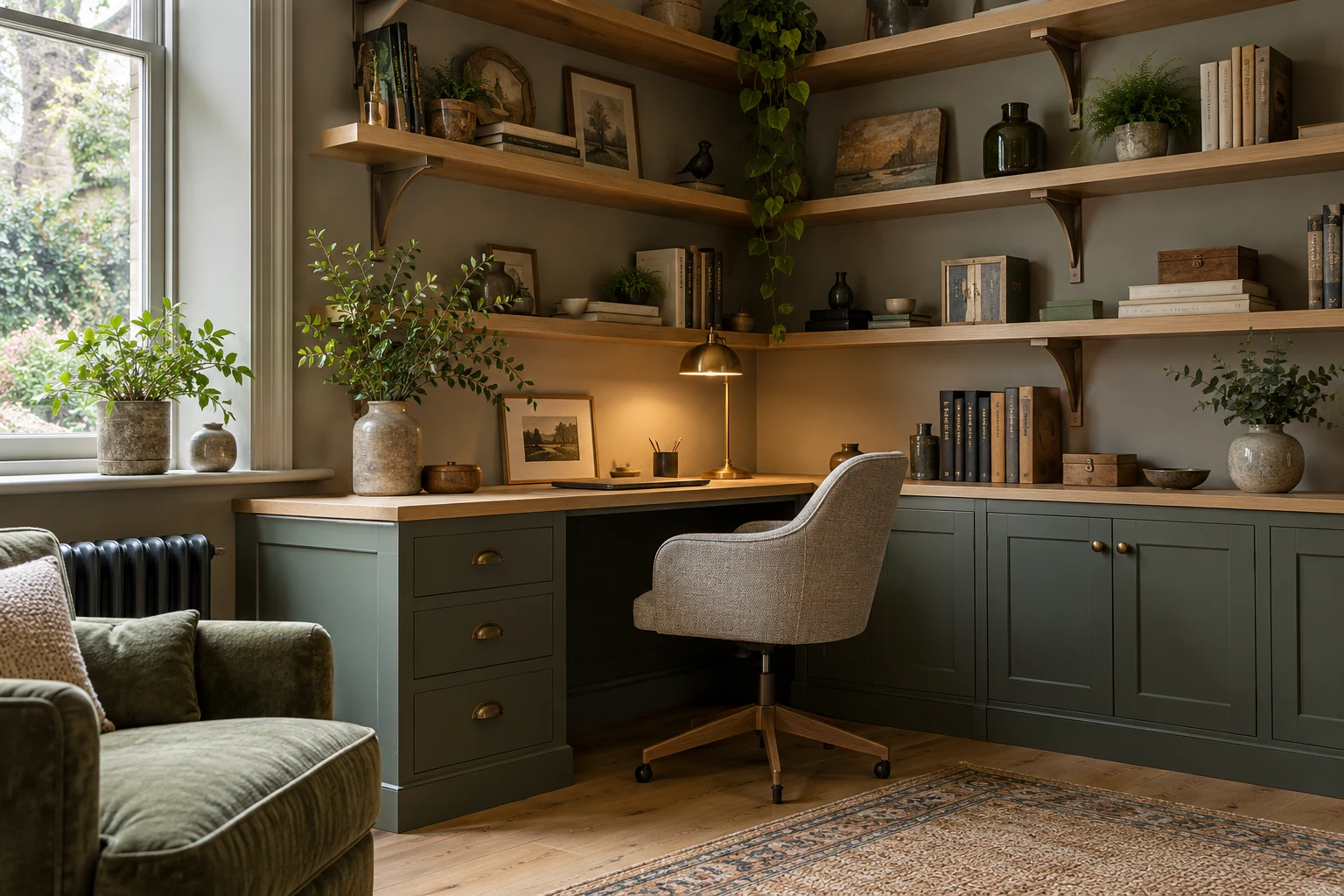 Illustrative fitted shelving and timber cabinetry in a British home