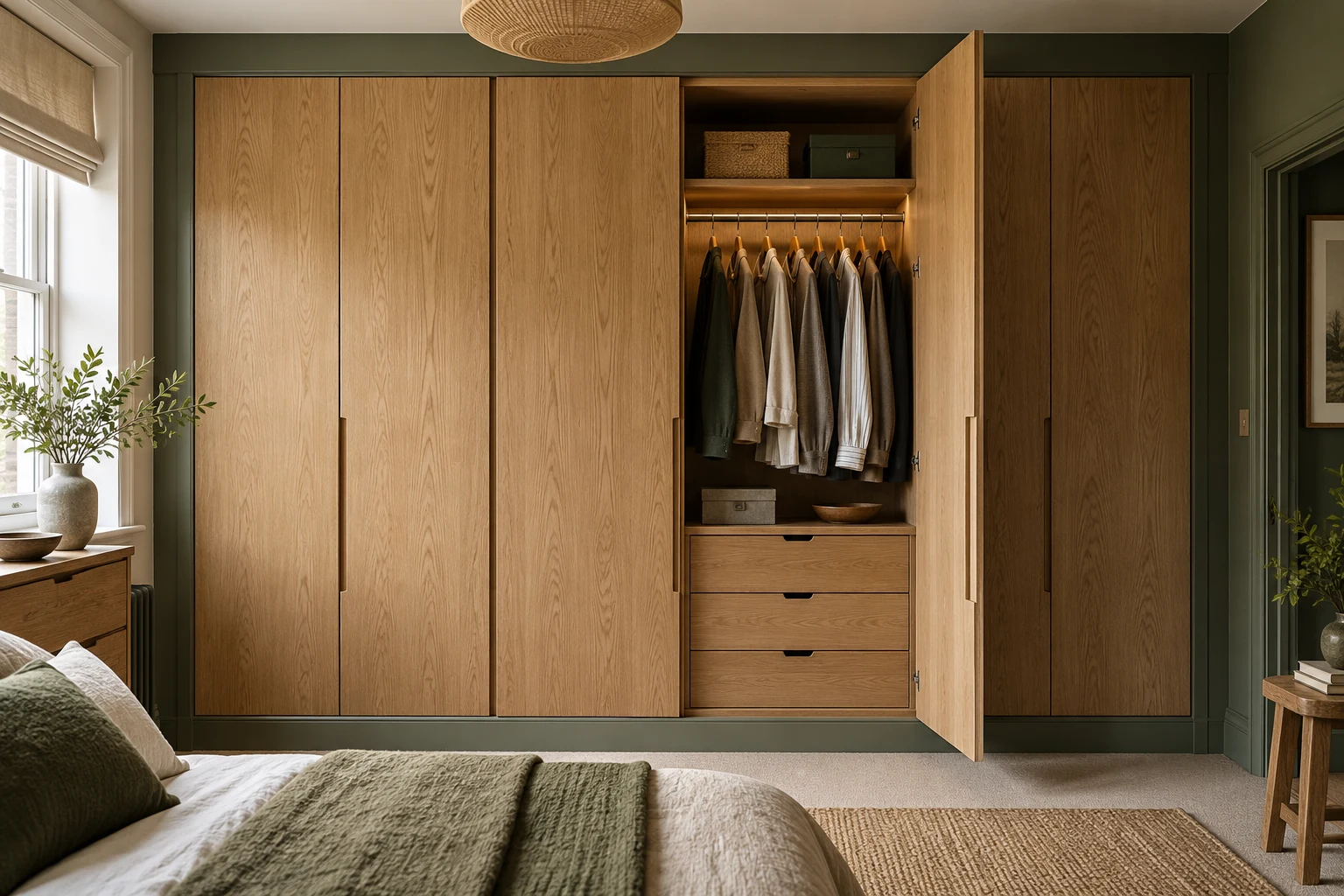 Illustrative fitted bedroom wardrobe with organised internal storage