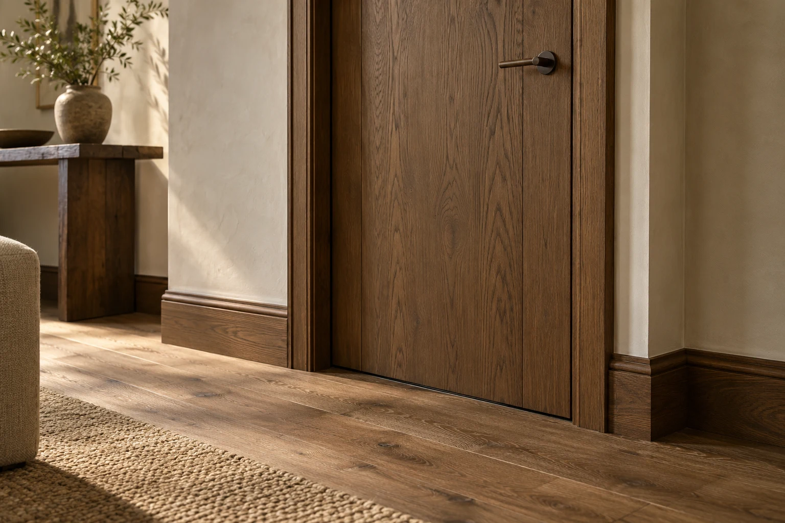 Illustrative internal door with neatly fitted architrave and skirting