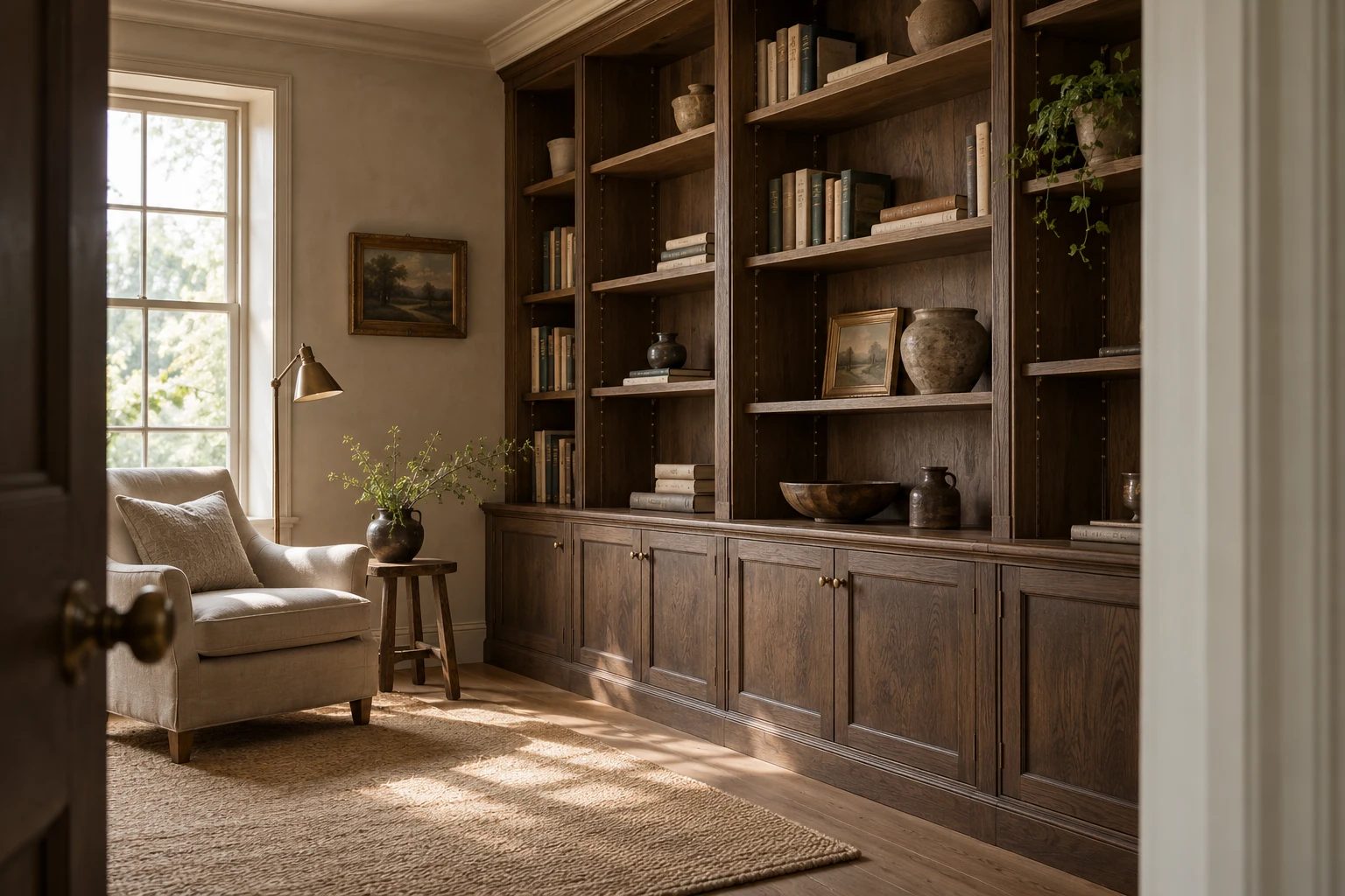 Illustrative fitted shelving and timber cabinetry in a British home