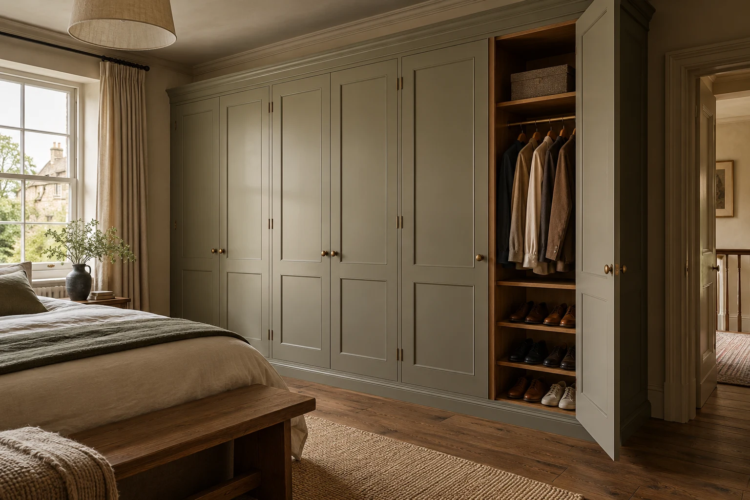 Illustrative fitted bedroom wardrobe with organised internal storage