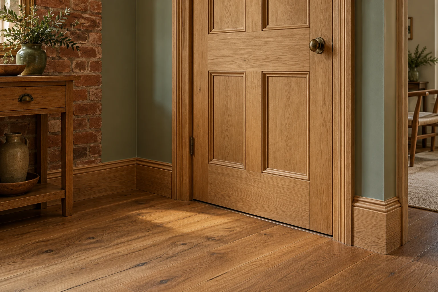 Illustrative internal door with neatly fitted architrave and skirting