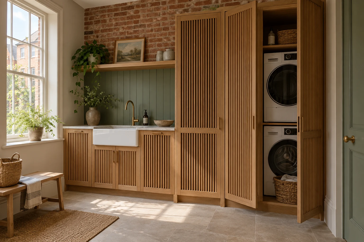 Illustrative a fitted utility cupboard with laundry appliances and timber shelving