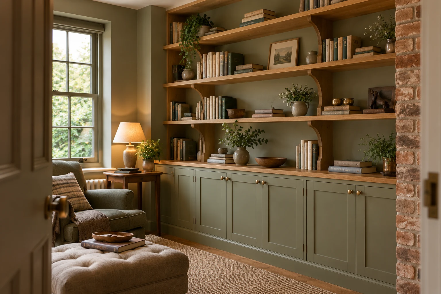 Illustrative fitted shelving and timber cabinetry in a British home