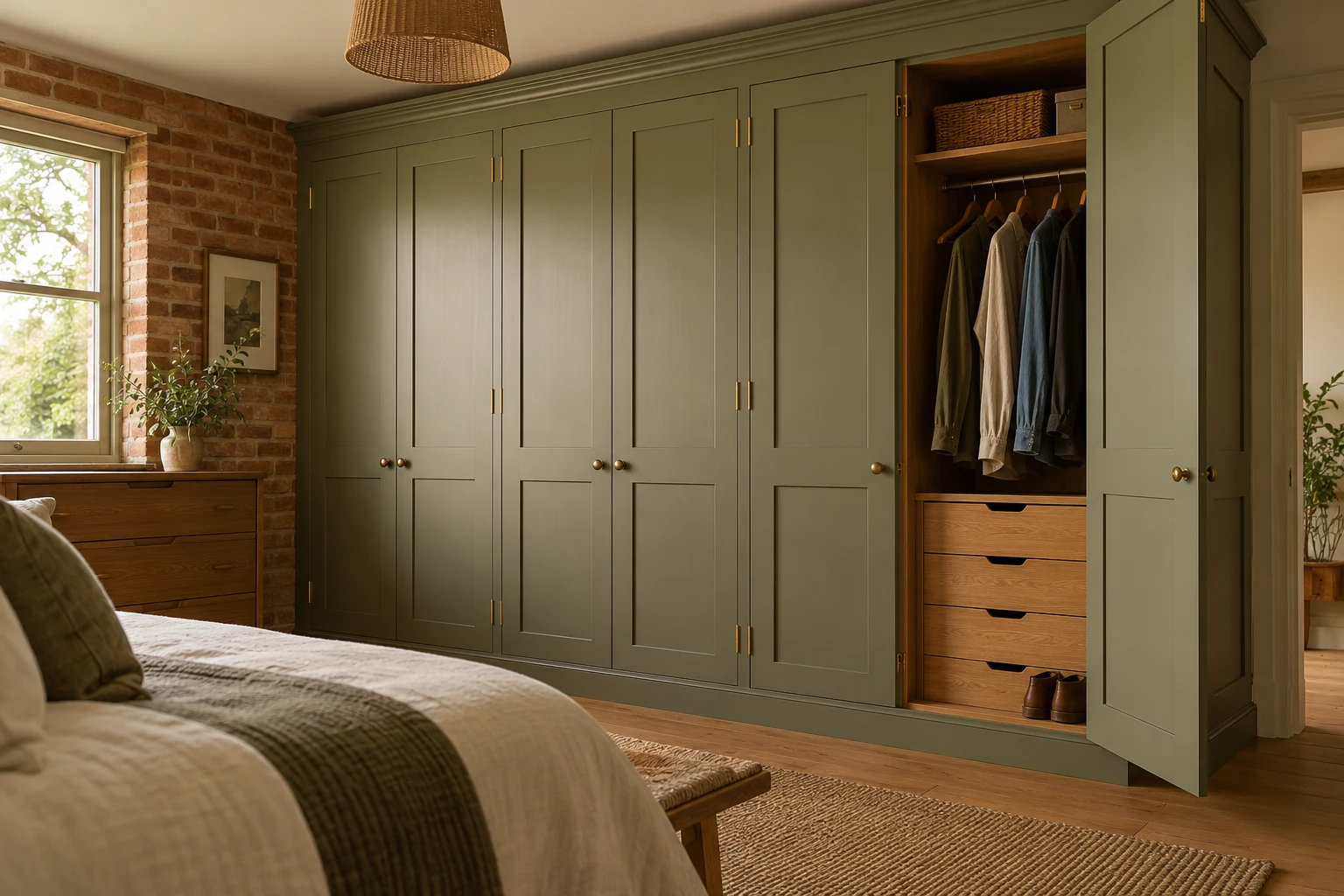 Illustrative fitted bedroom wardrobe with organised internal storage