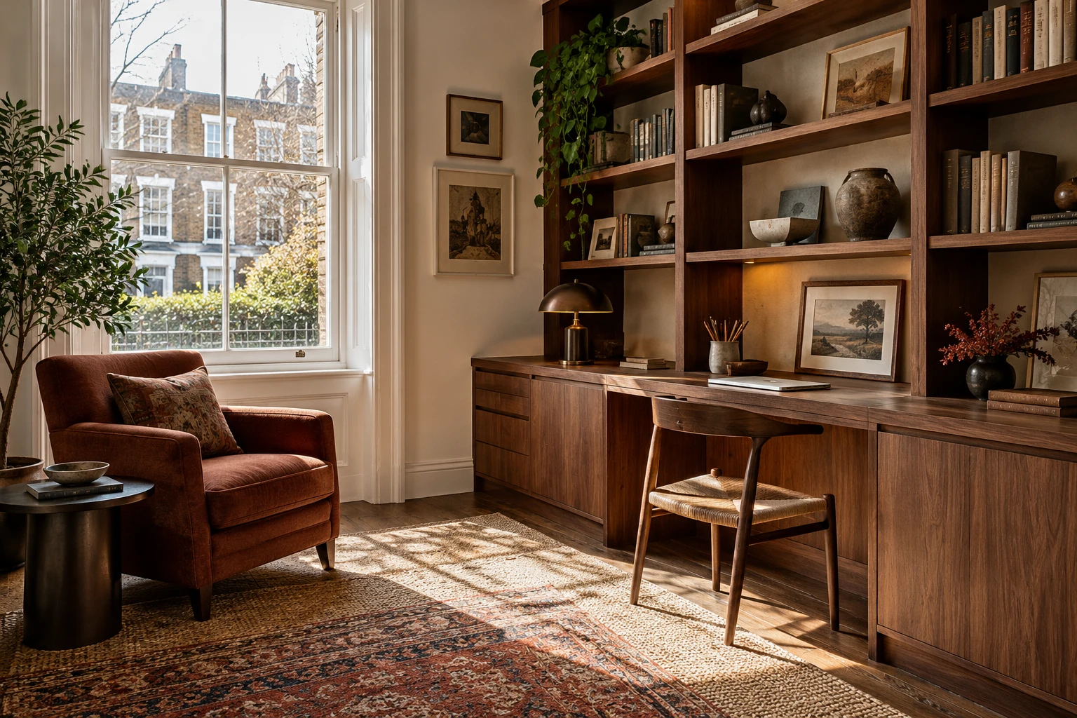 Illustrative a home study with a timber desk and fitted wall storage
