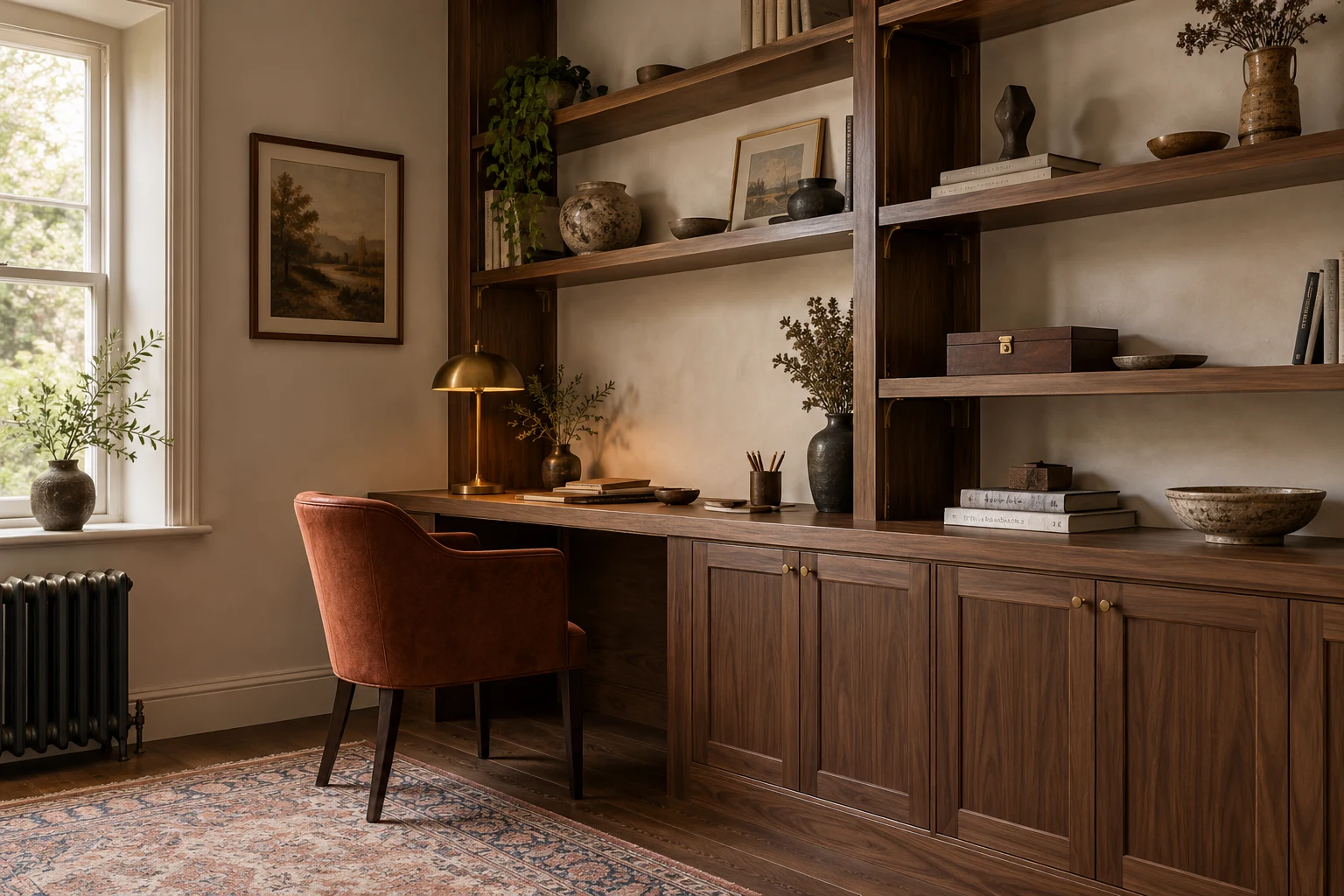 Illustrative fitted shelving and timber cabinetry in a British home