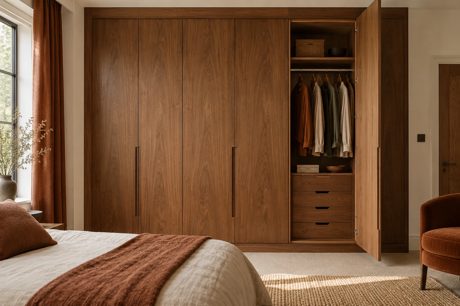 Illustrative fitted bedroom wardrobe with organised internal storage