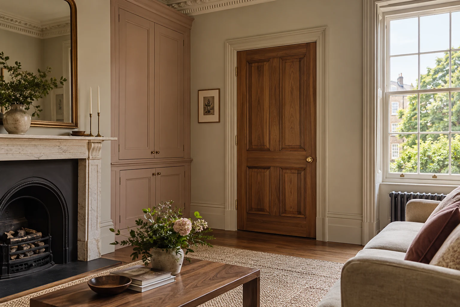 Illustrative a period room with a timber cupboard and a retained panelled door