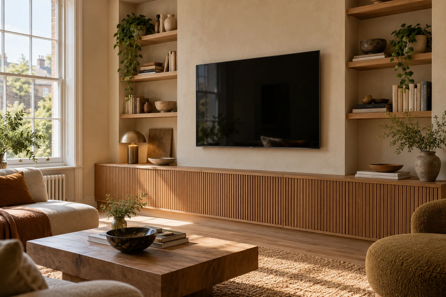 Illustrative a television wall with slatted timber media cabinetry