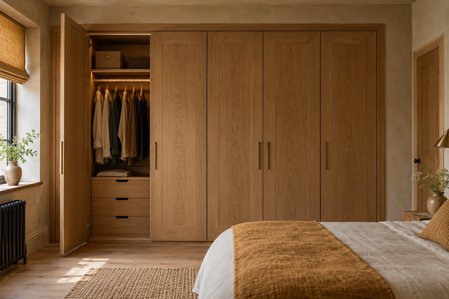 Illustrative fitted bedroom wardrobe with organised internal storage
