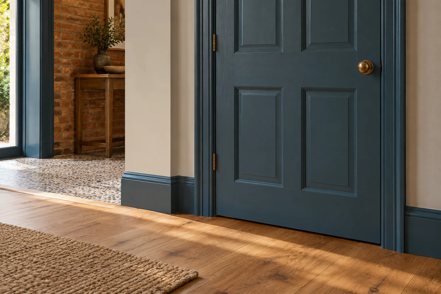 Illustrative internal door with neatly fitted architrave and skirting