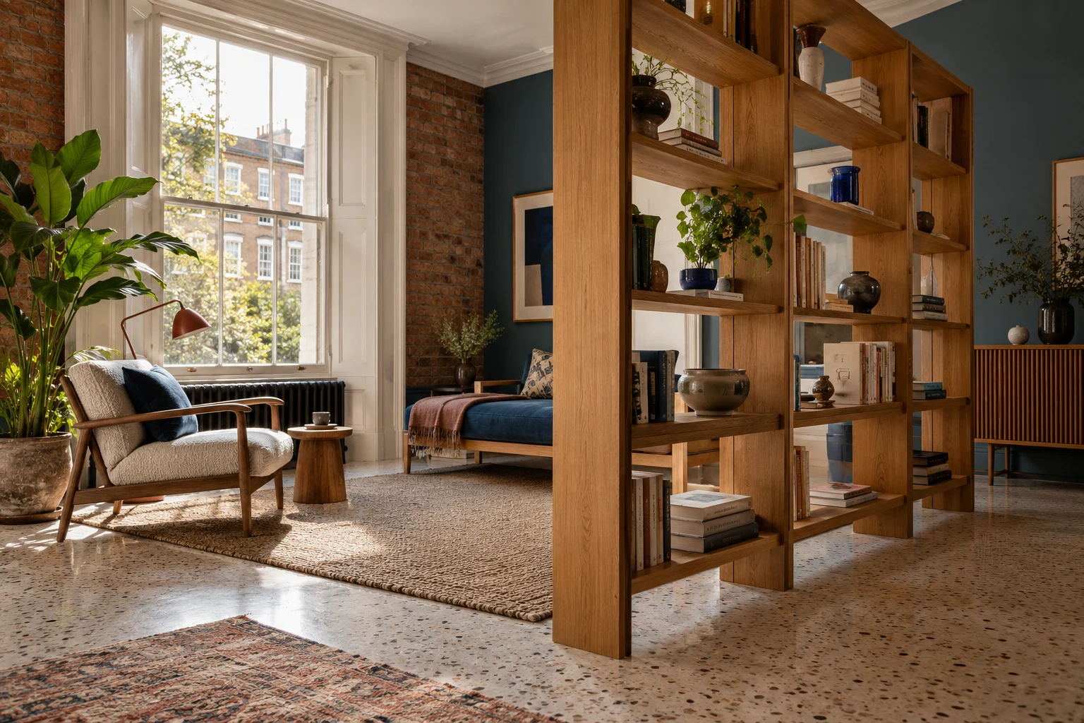 Illustrative a living room with a freestanding timber shelving divider