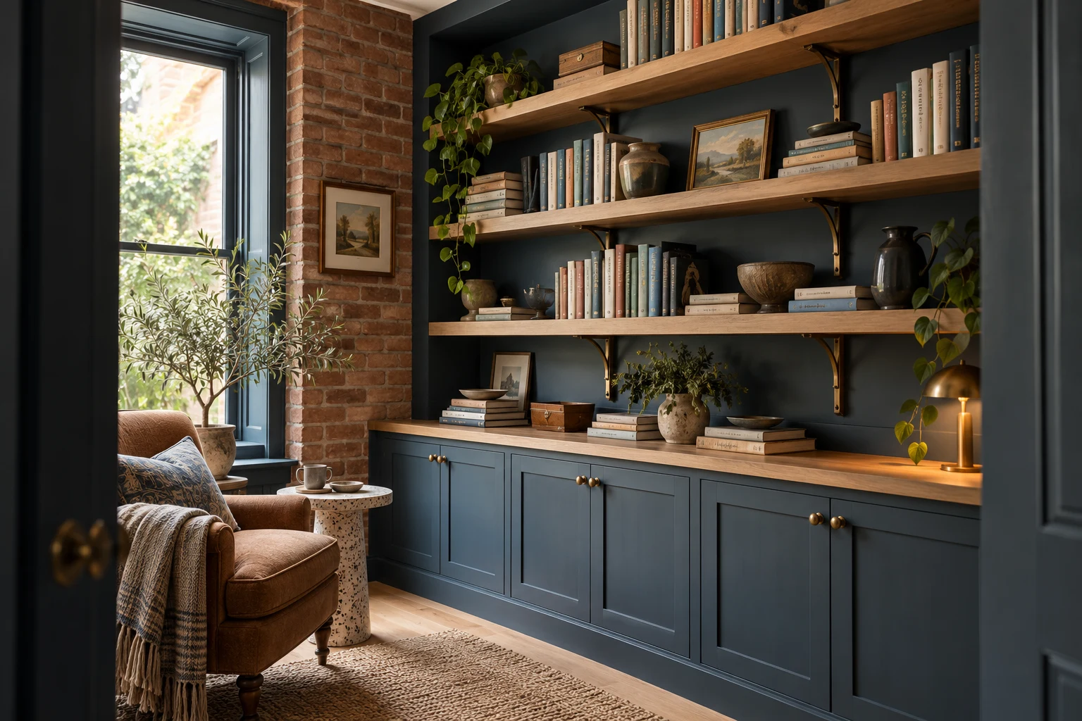 Illustrative fitted shelving and timber cabinetry in a British home