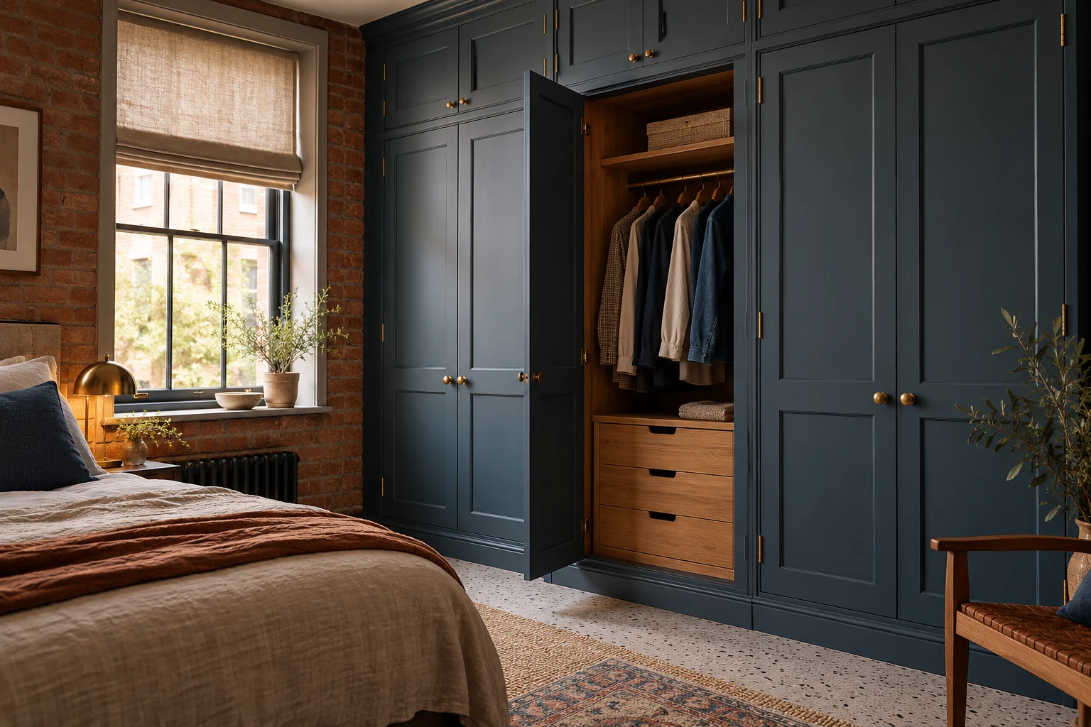 Illustrative fitted bedroom wardrobe with organised internal storage