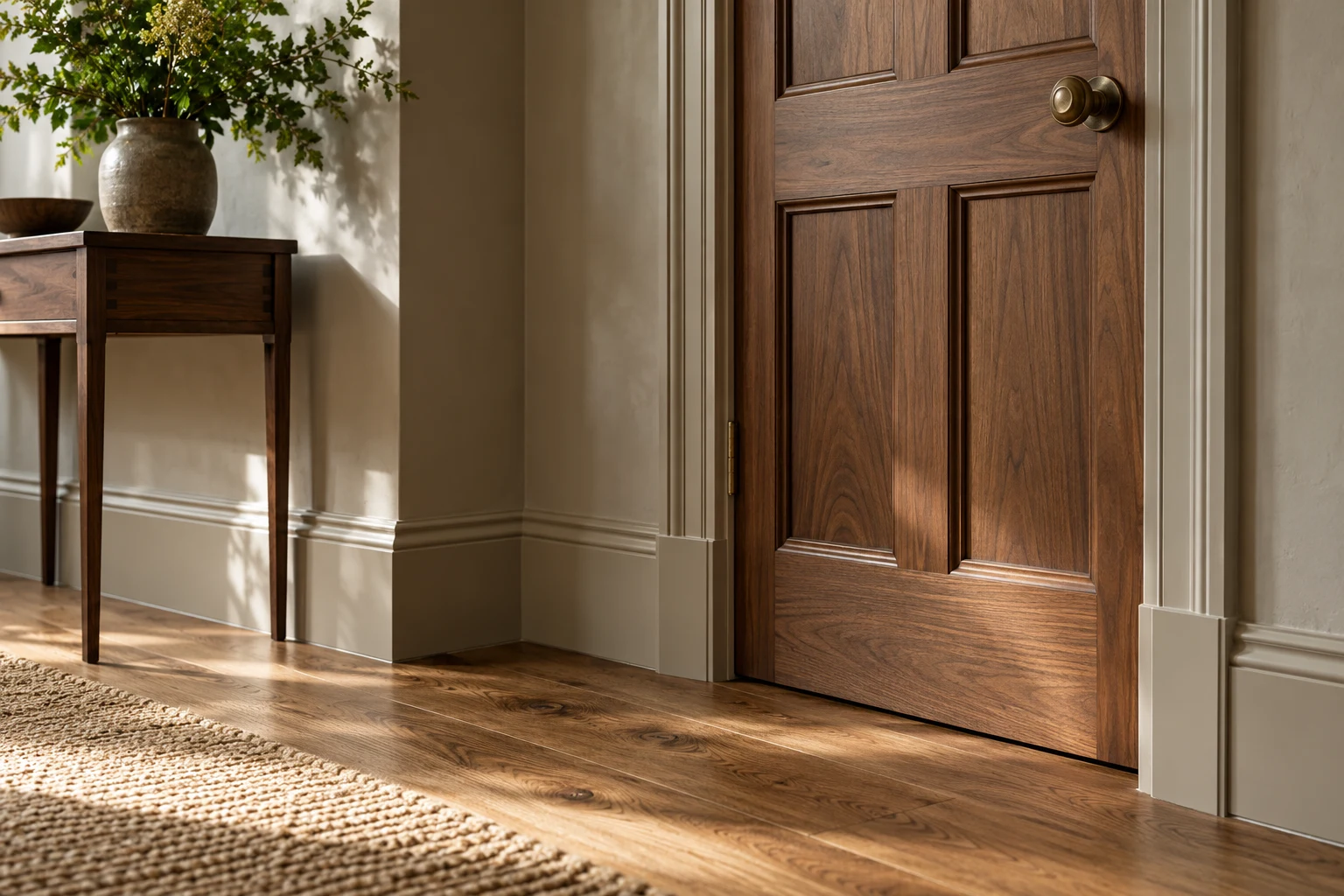 Illustrative internal door with neatly fitted architrave and skirting