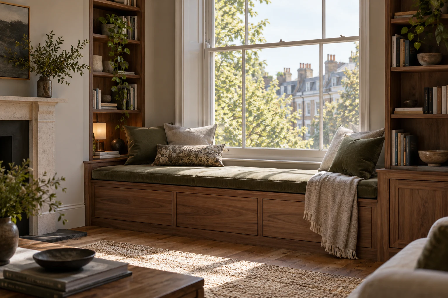 Illustrative a window-side reading seat with low storage and open shelving