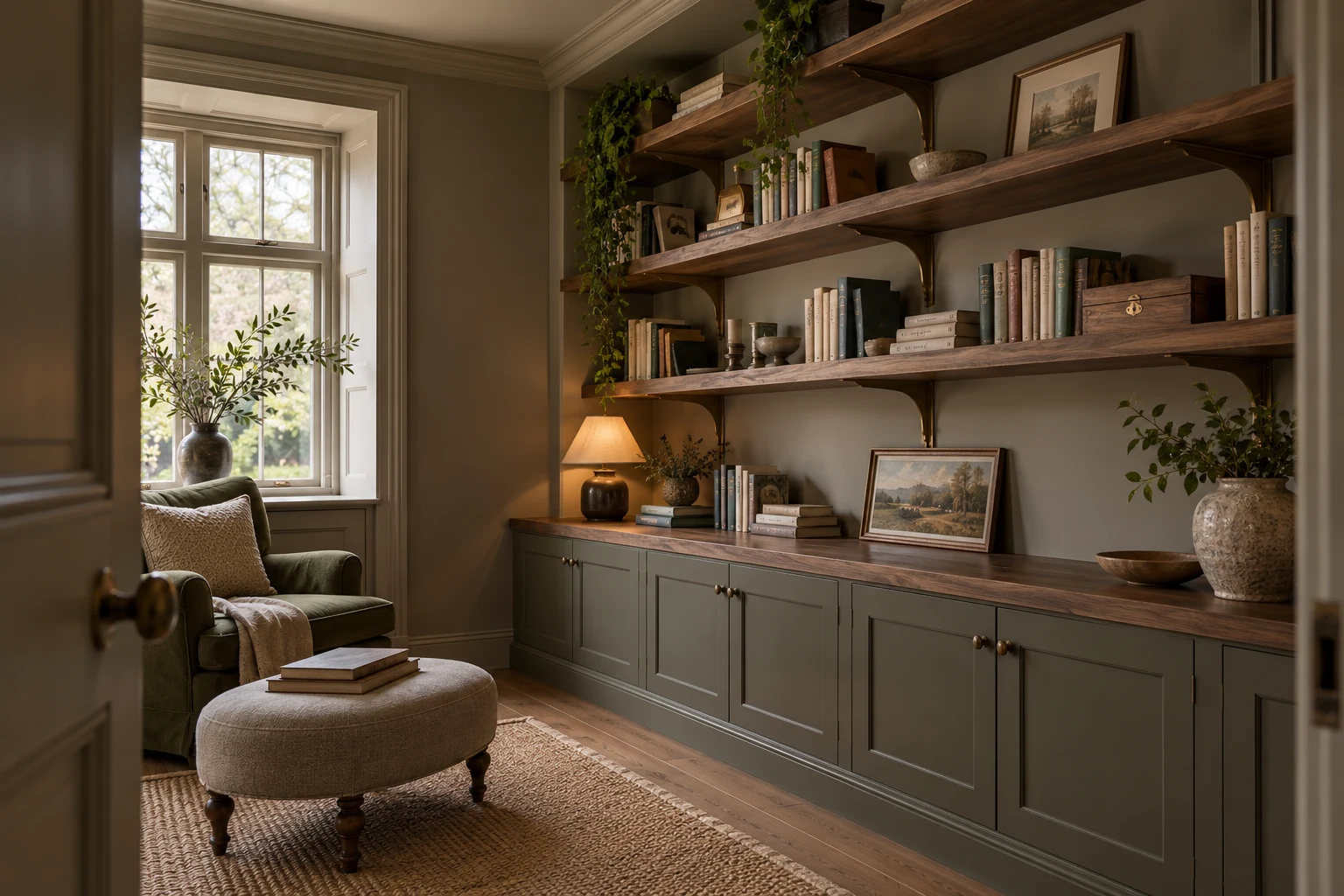 Illustrative fitted shelving and timber cabinetry in a British home