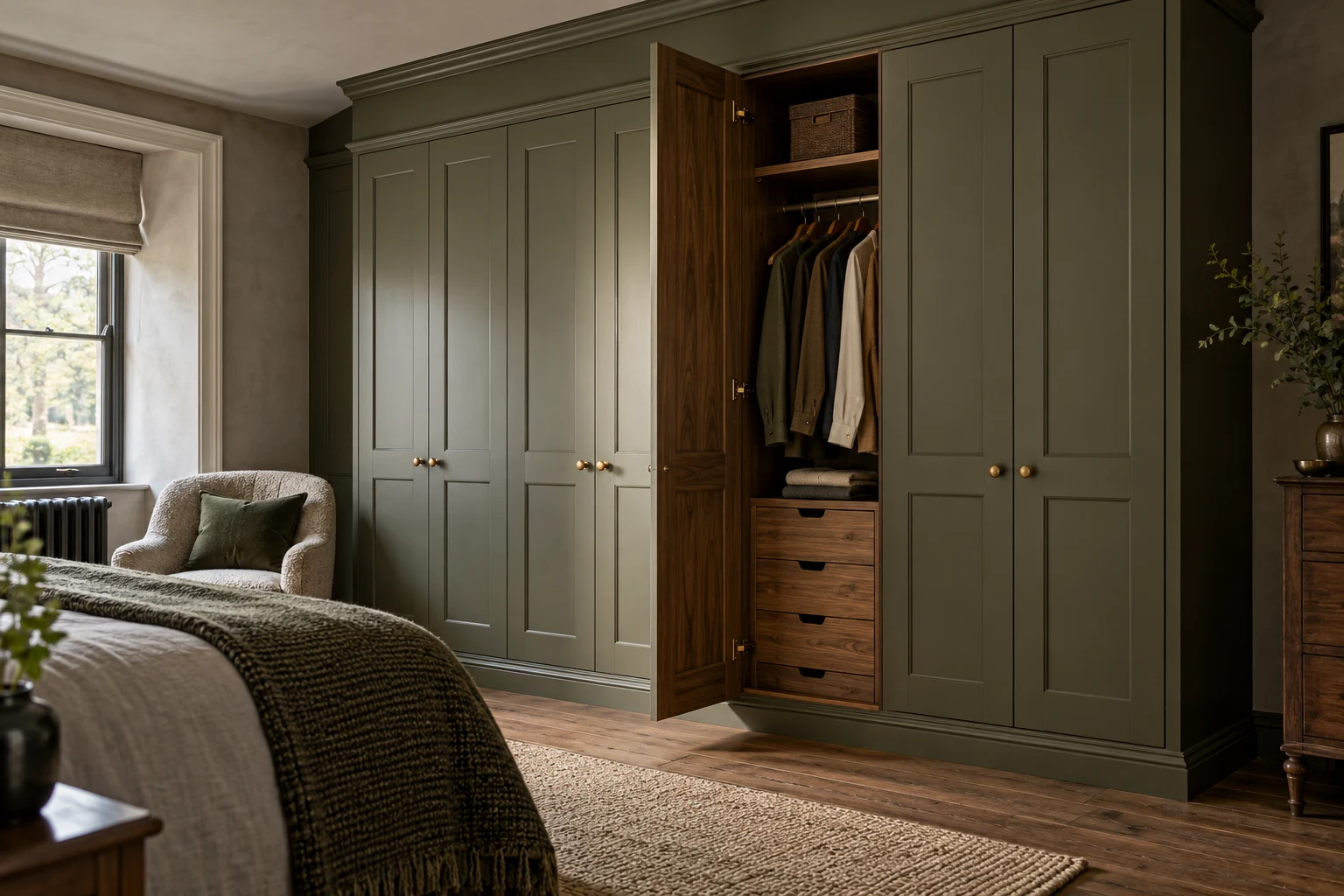 Illustrative fitted bedroom wardrobe with organised internal storage