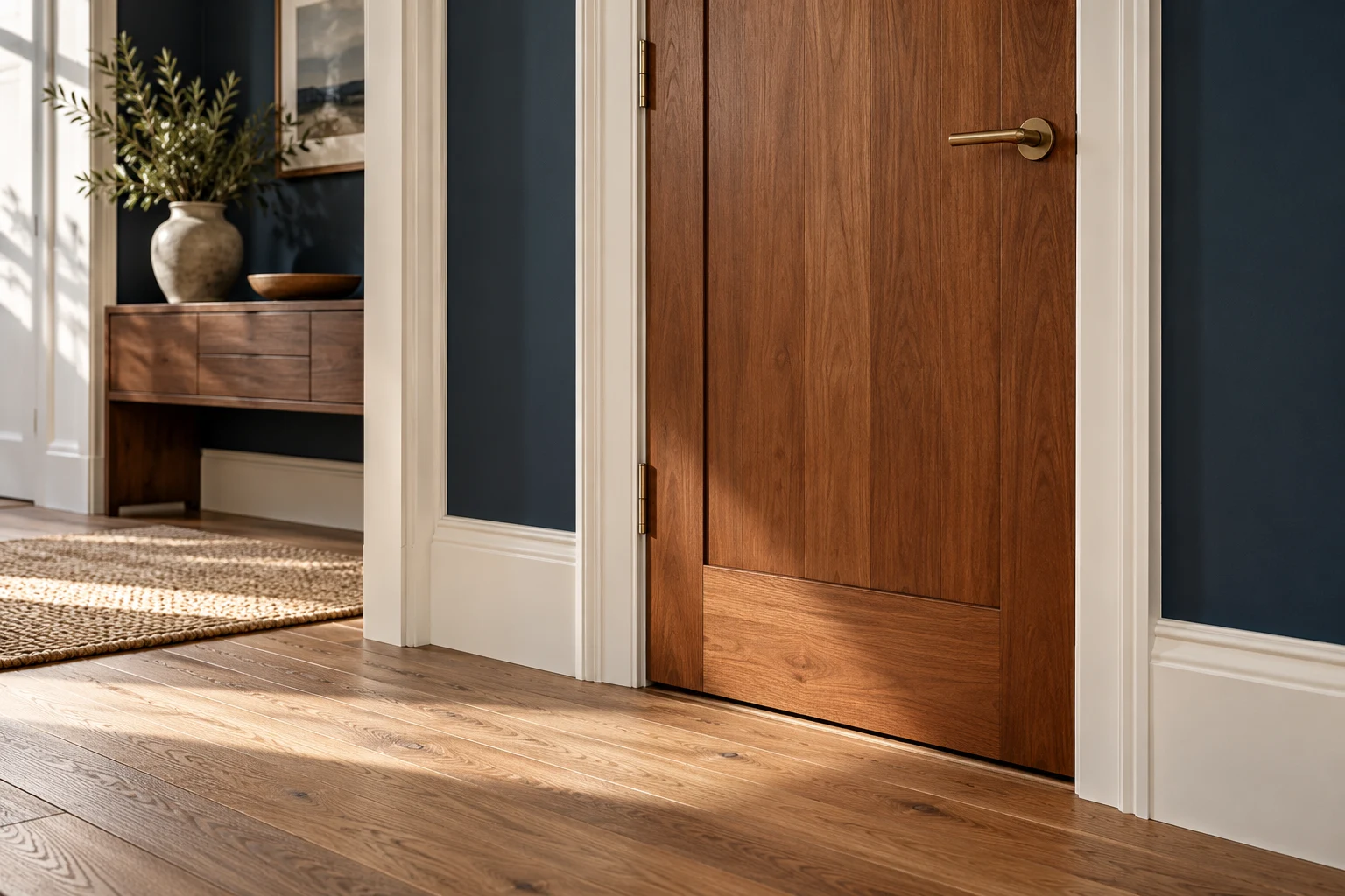 Illustrative internal door with neatly fitted architrave and skirting