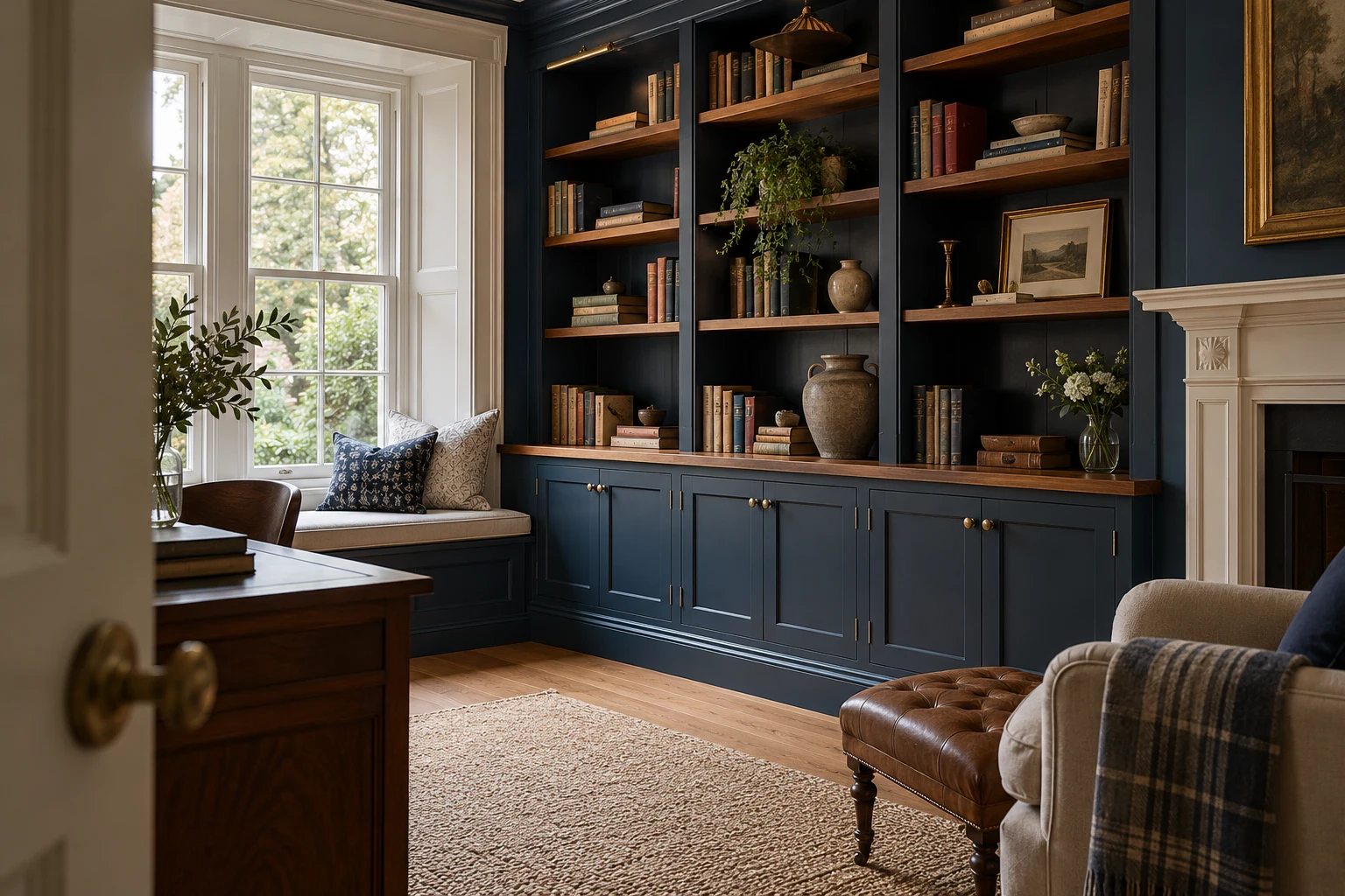 Illustrative fitted shelving and timber cabinetry in a British home