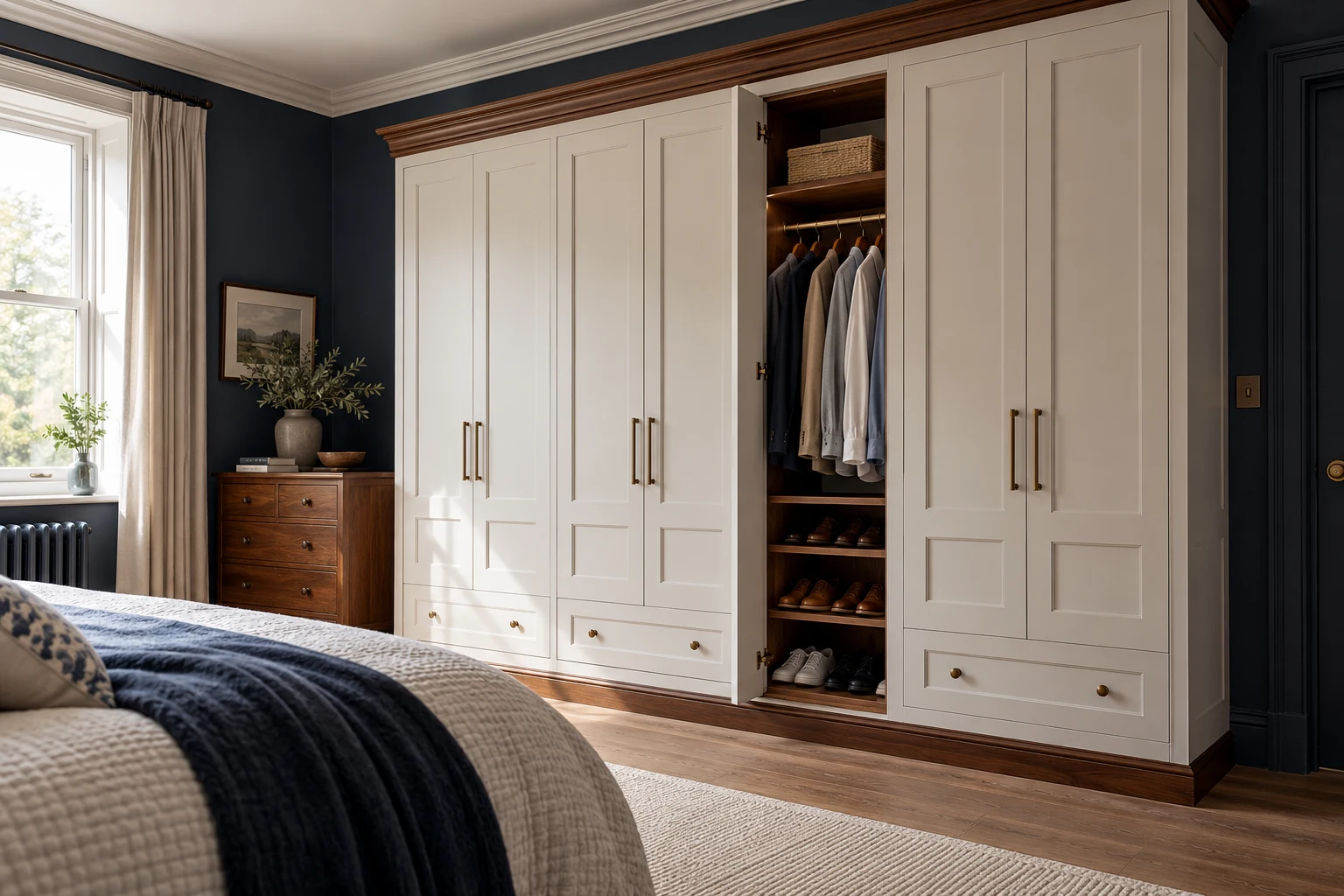 Illustrative fitted bedroom wardrobe with organised internal storage