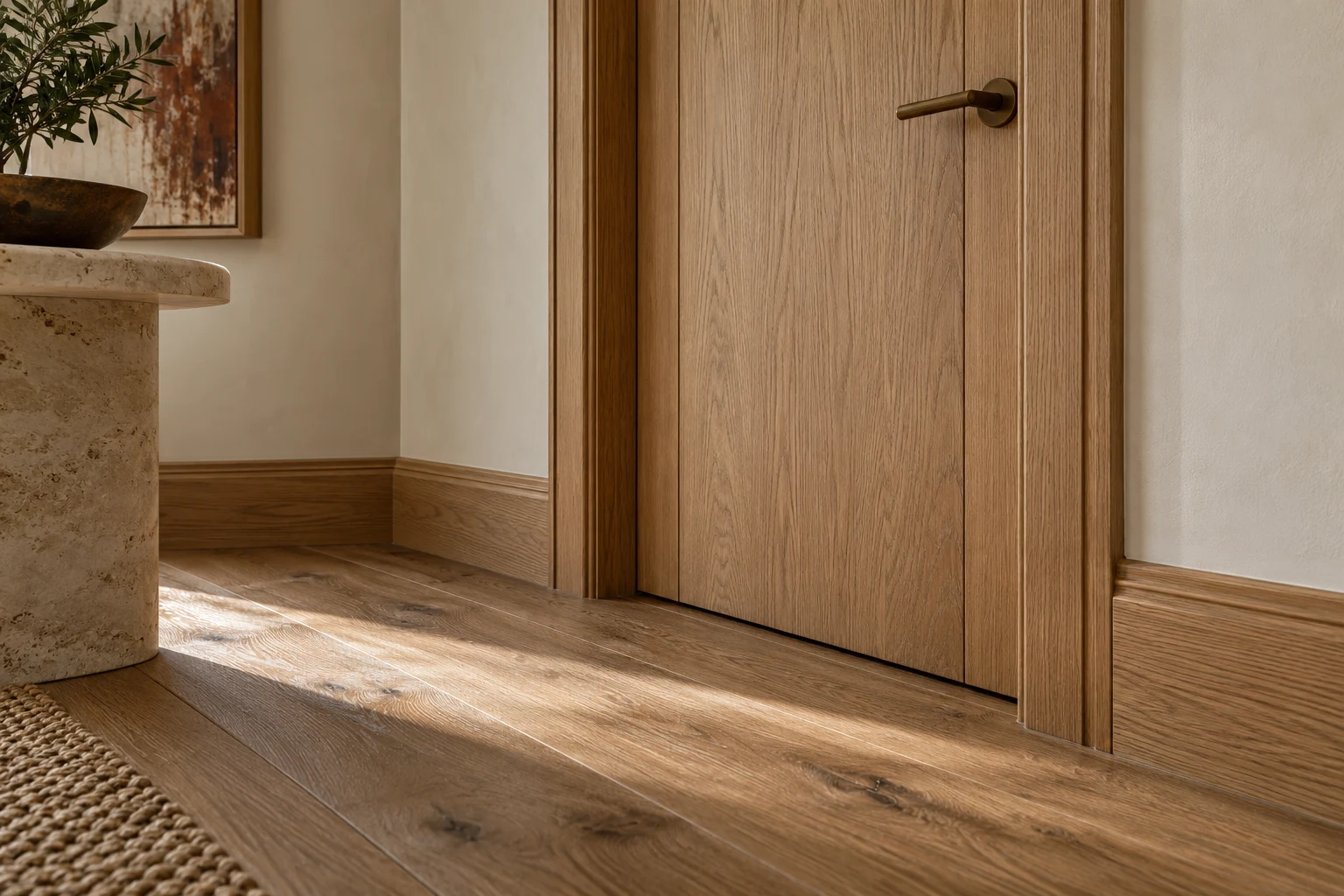 Illustrative internal door with neatly fitted architrave and skirting