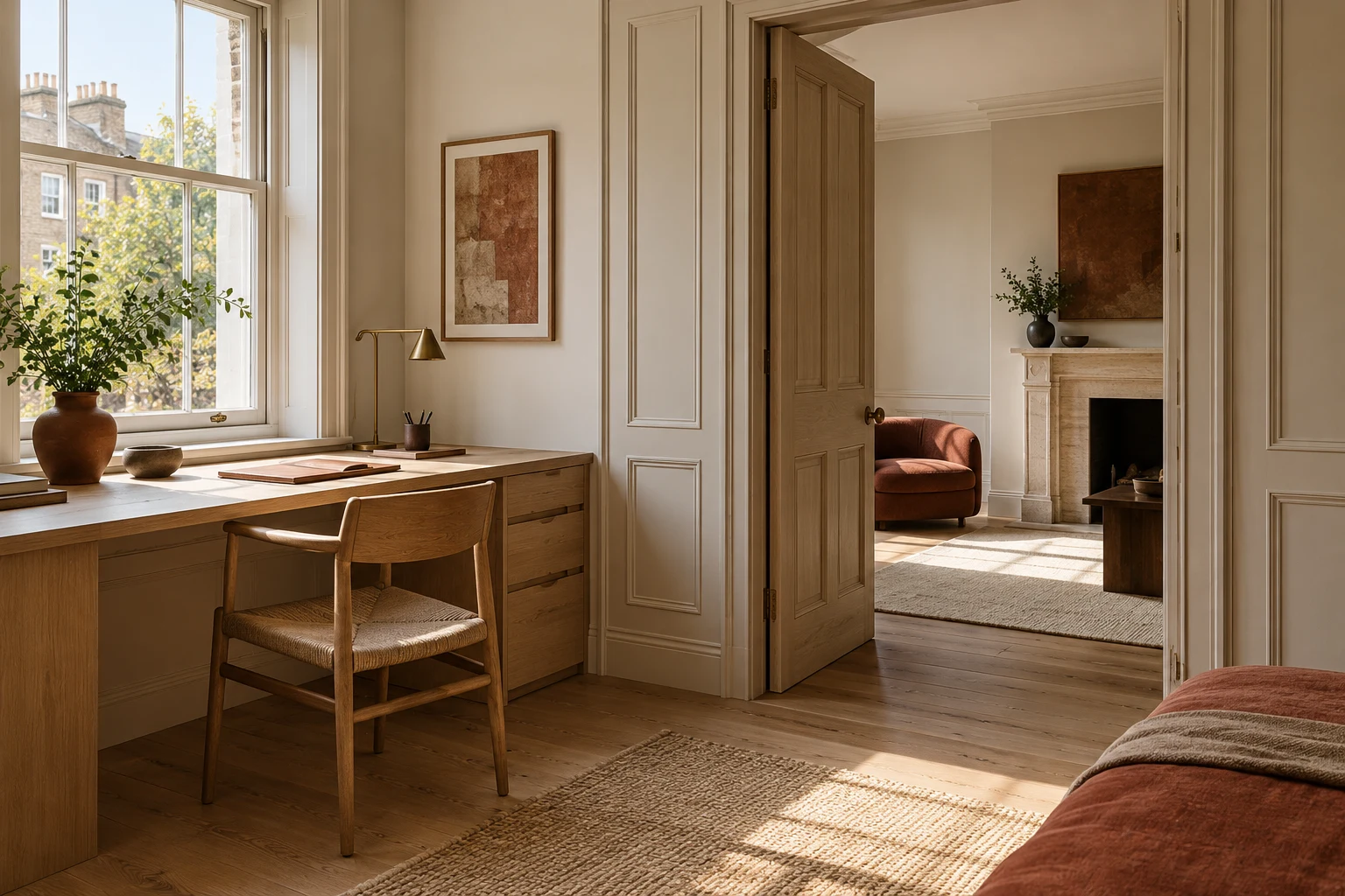 Illustrative a home office with a timber desk, fitted door and partition junction