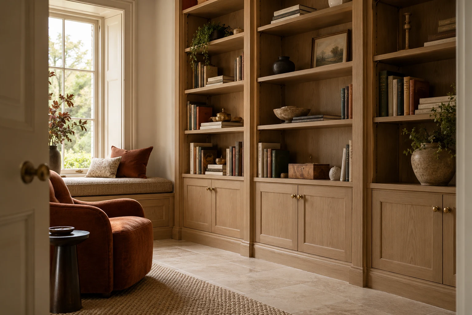 Illustrative fitted shelving and timber cabinetry in a British home