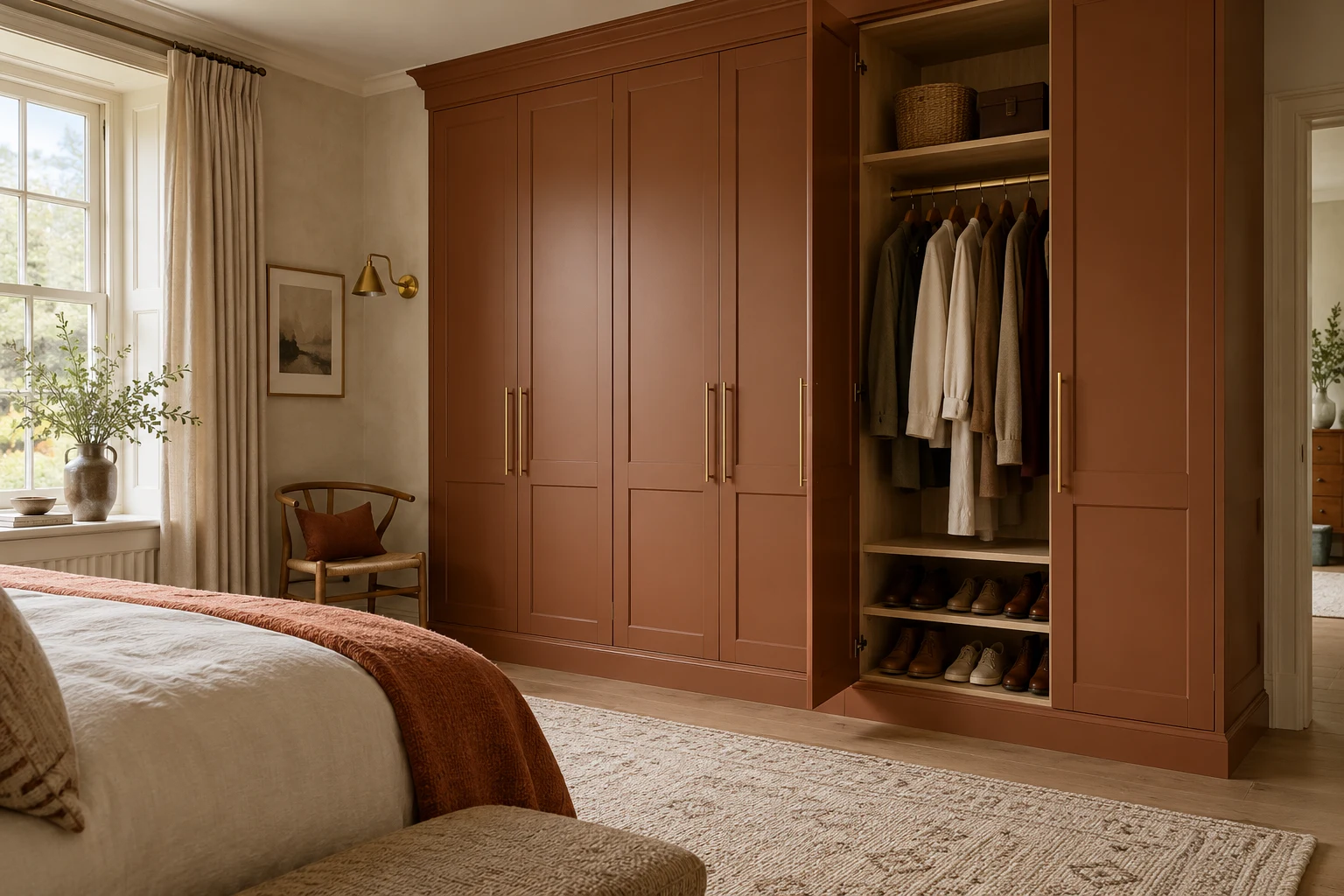 Illustrative fitted bedroom wardrobe with organised internal storage