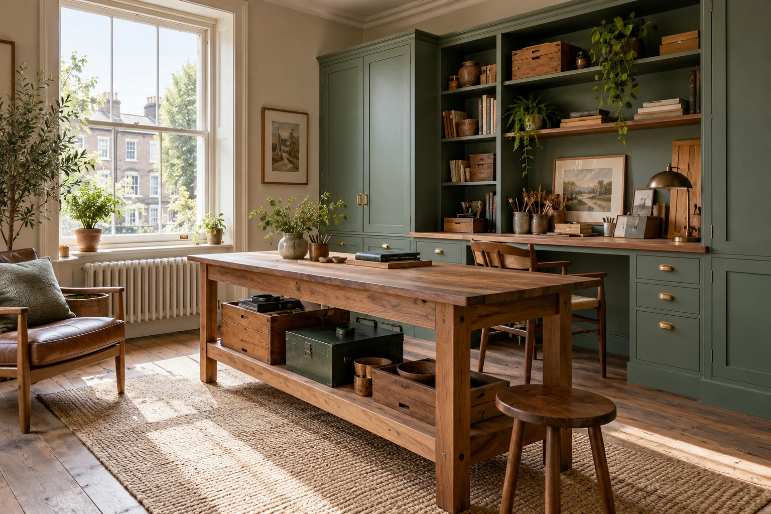 Illustrative a flexible home office with a sturdy desk and timber storage