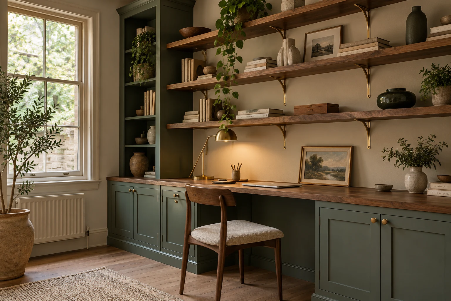 Illustrative fitted shelving and timber cabinetry in a British home