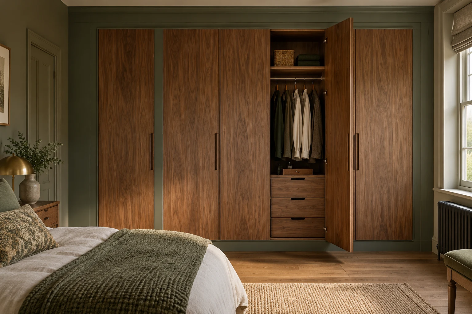Illustrative fitted bedroom wardrobe with organised internal storage