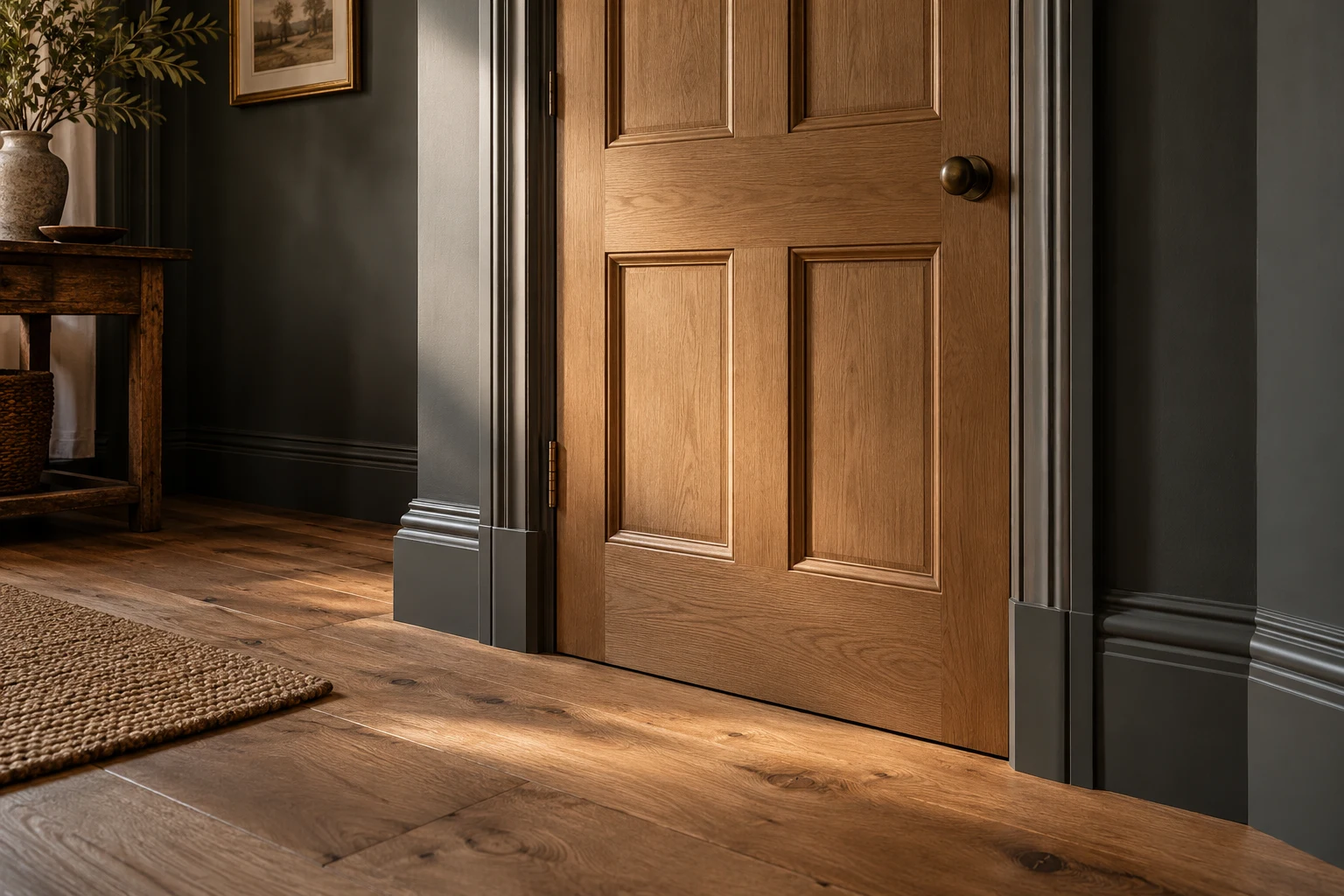 Illustrative internal door with neatly fitted architrave and skirting