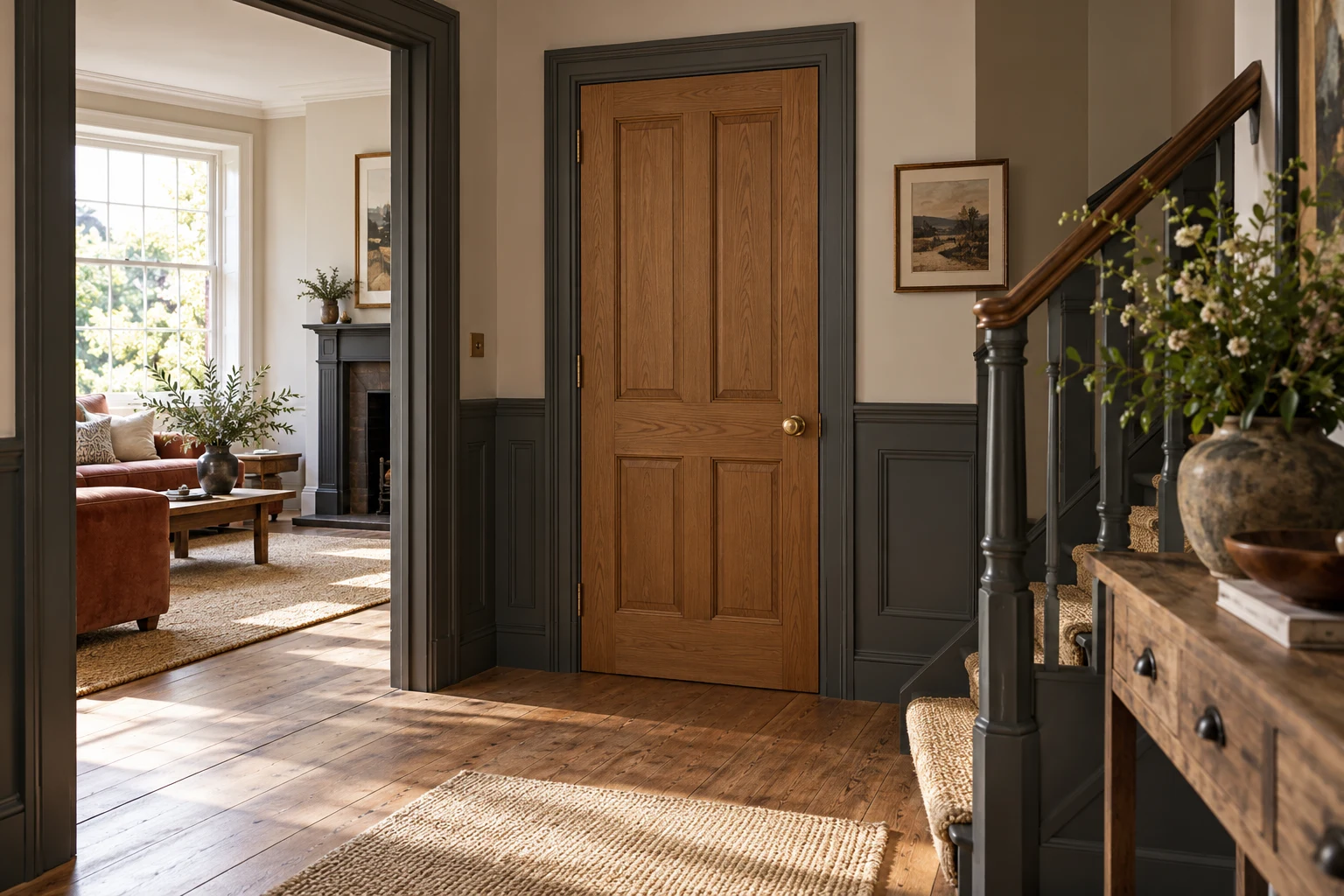Illustrative a panelled internal door with coordinated lining and ironmongery