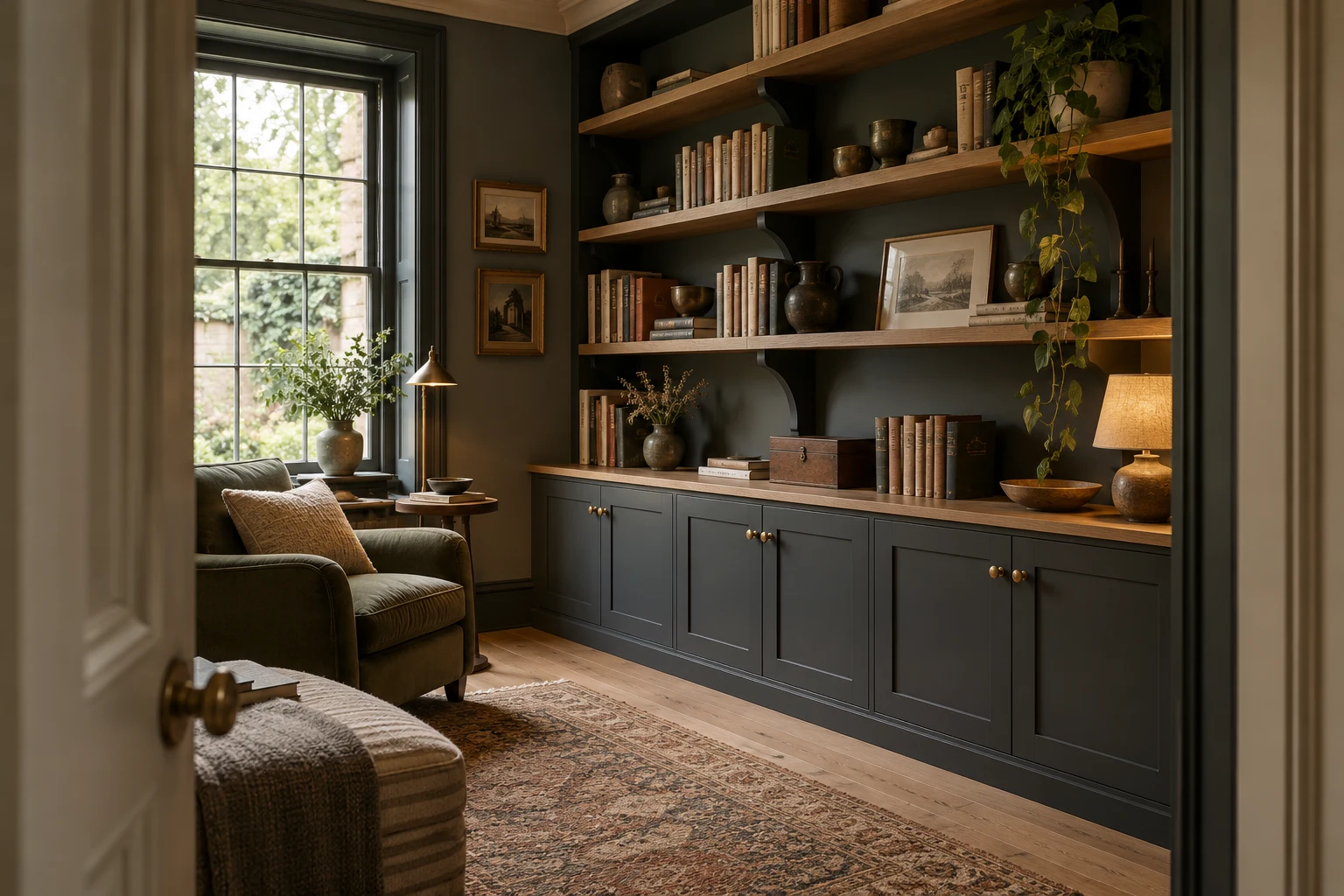 Illustrative fitted shelving and timber cabinetry in a British home