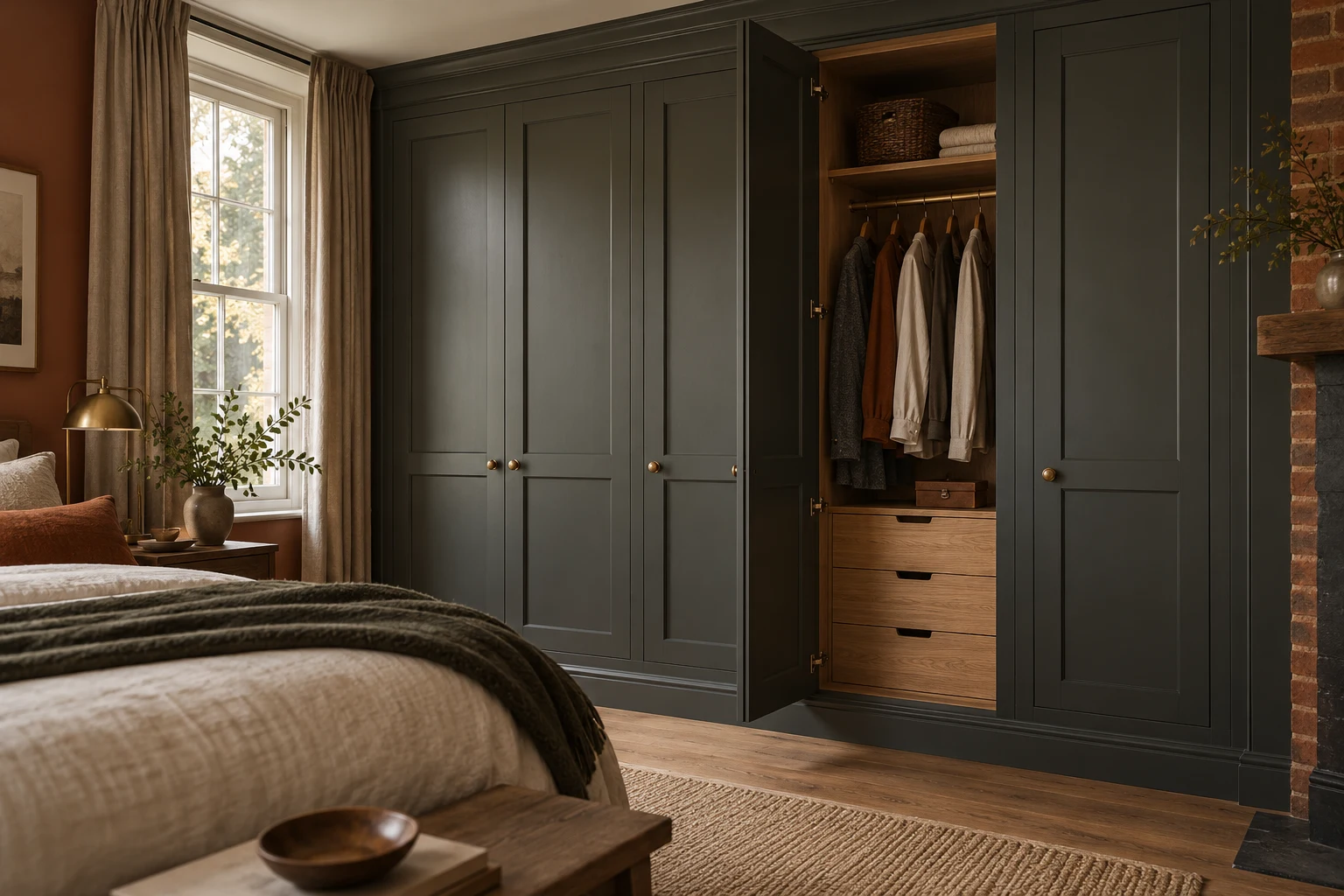 Illustrative fitted bedroom wardrobe with organised internal storage