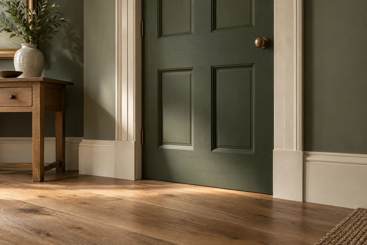 Illustrative internal door with neatly fitted architrave and skirting