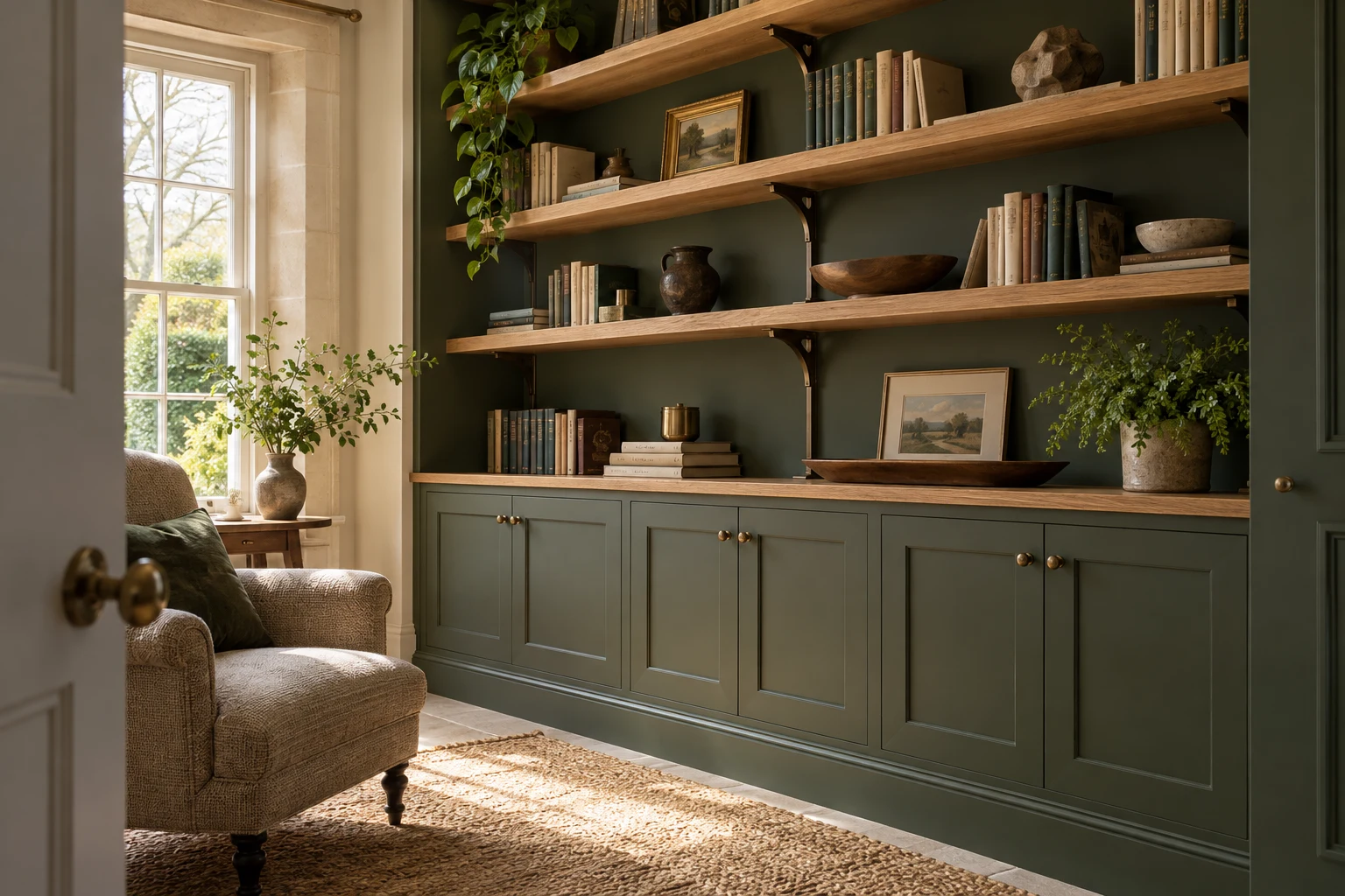 Illustrative fitted shelving and timber cabinetry in a British home
