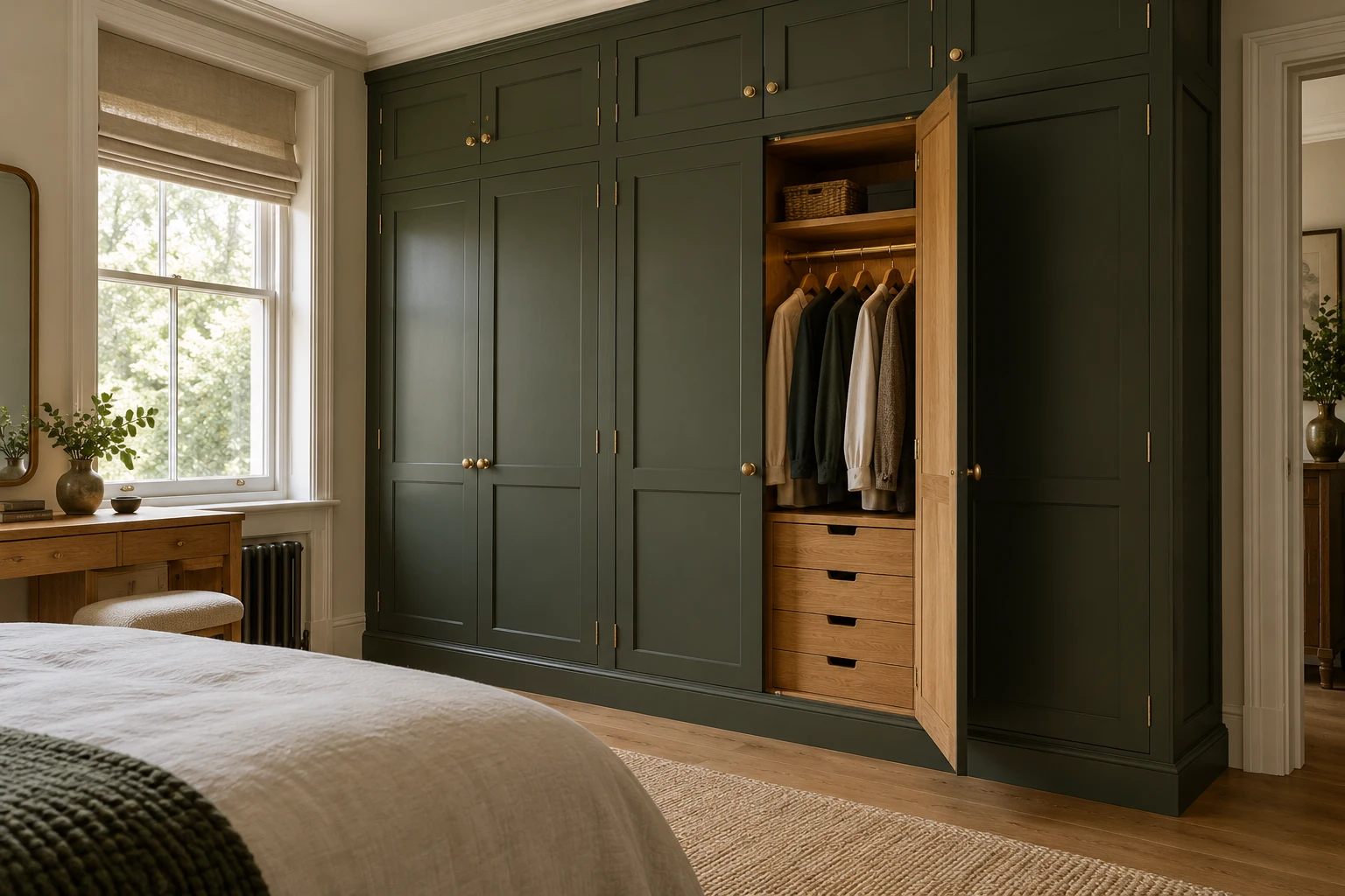 Illustrative fitted bedroom wardrobe with organised internal storage