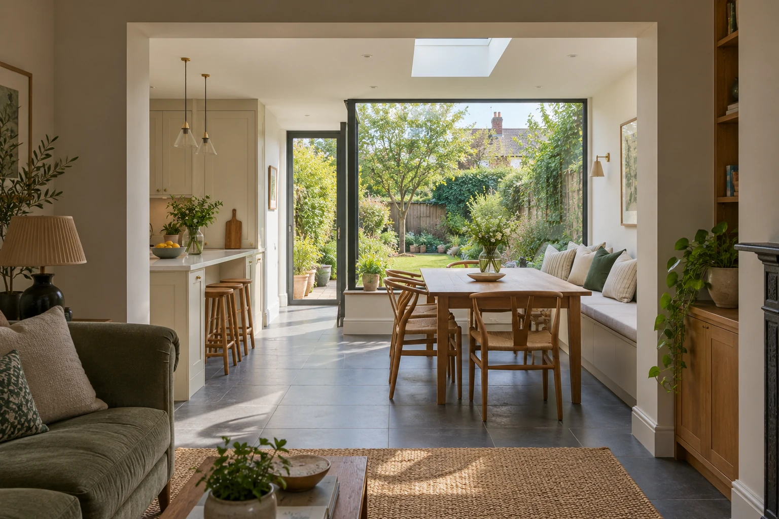 Concept view from the original rooms into a garden-facing extension of a red-brick Edwardian semi