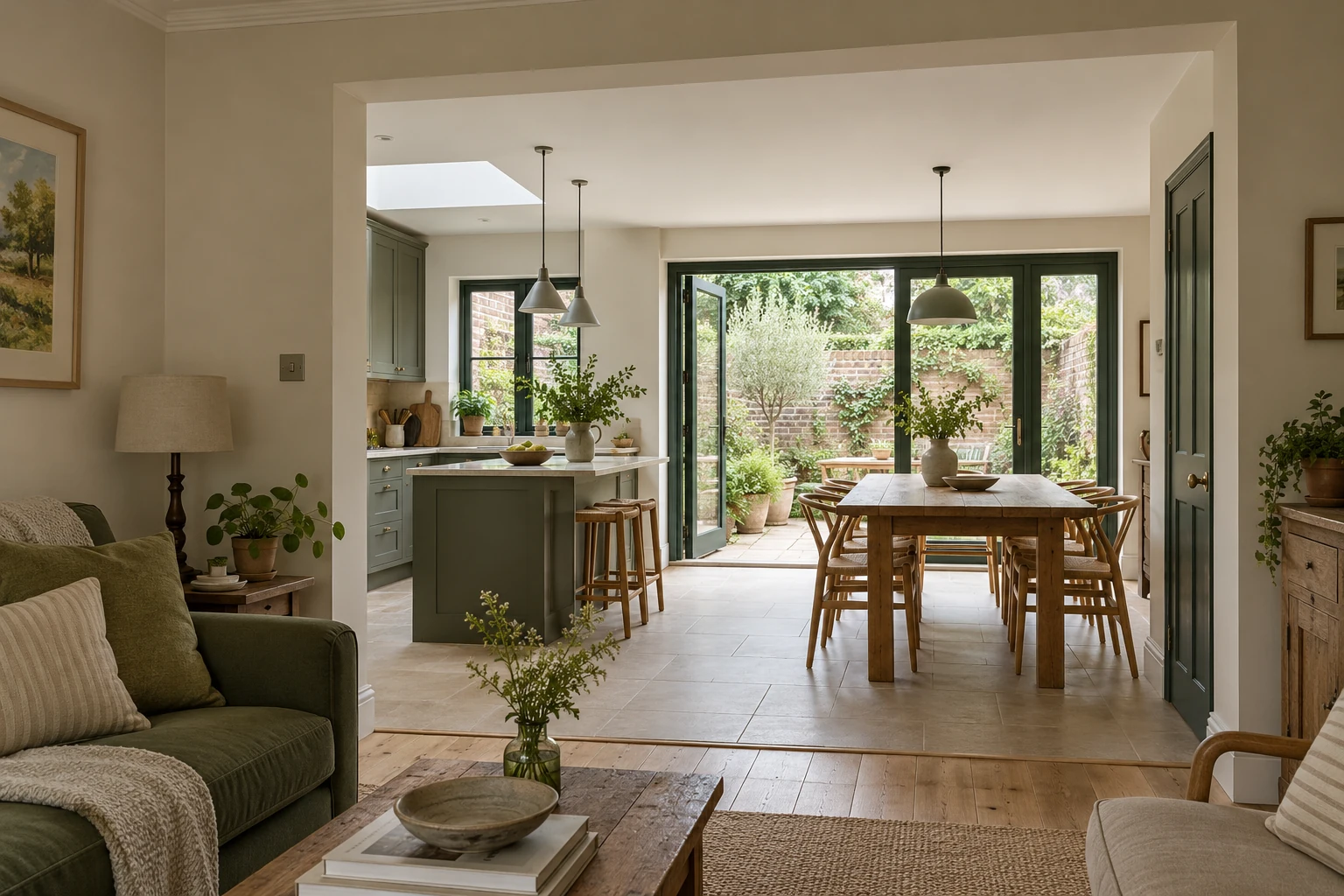Concept view from the original rooms into a garden-facing extension of a compact stock-brick terrace