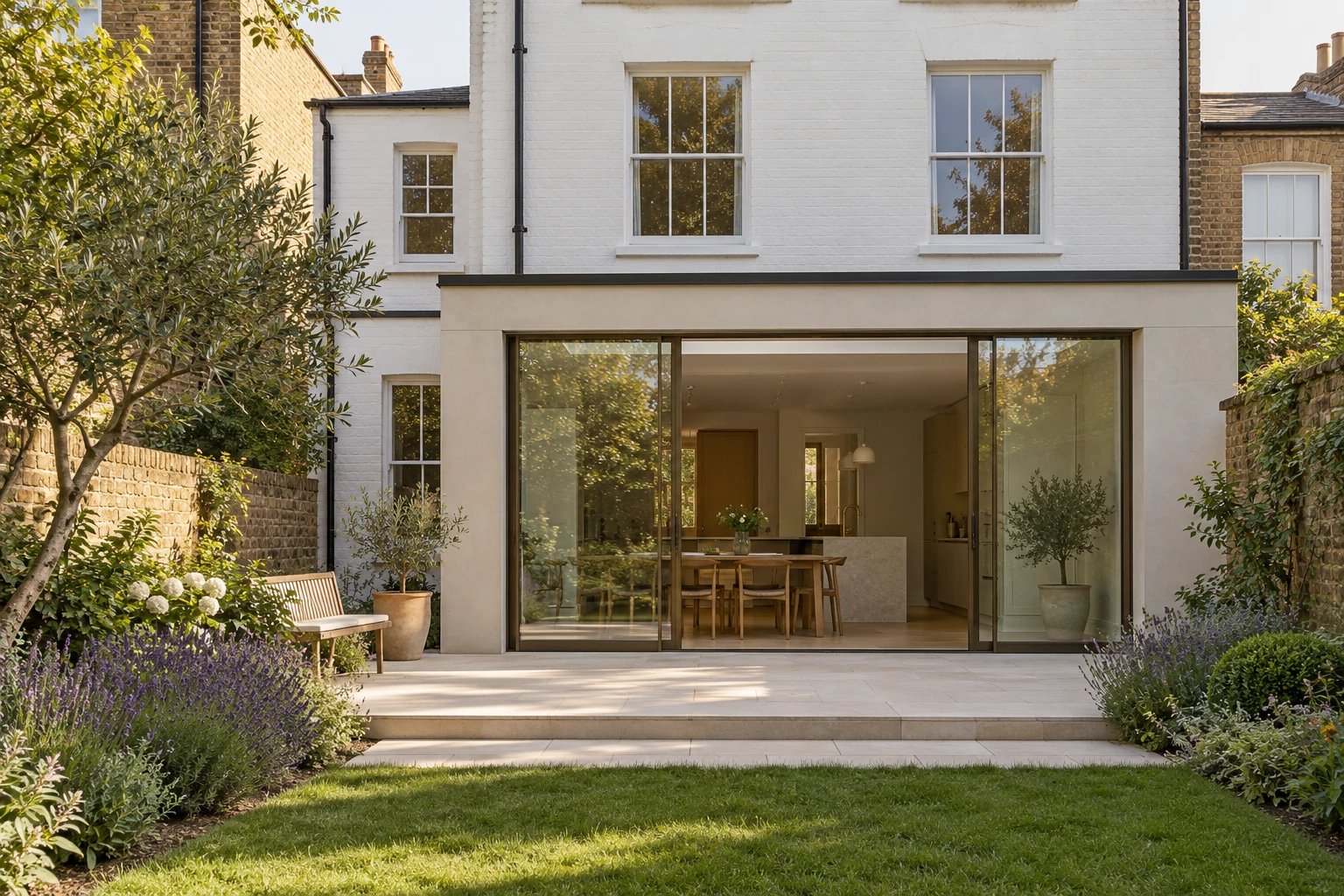 Concept of a glazed rear extension to a white-rendered British period home