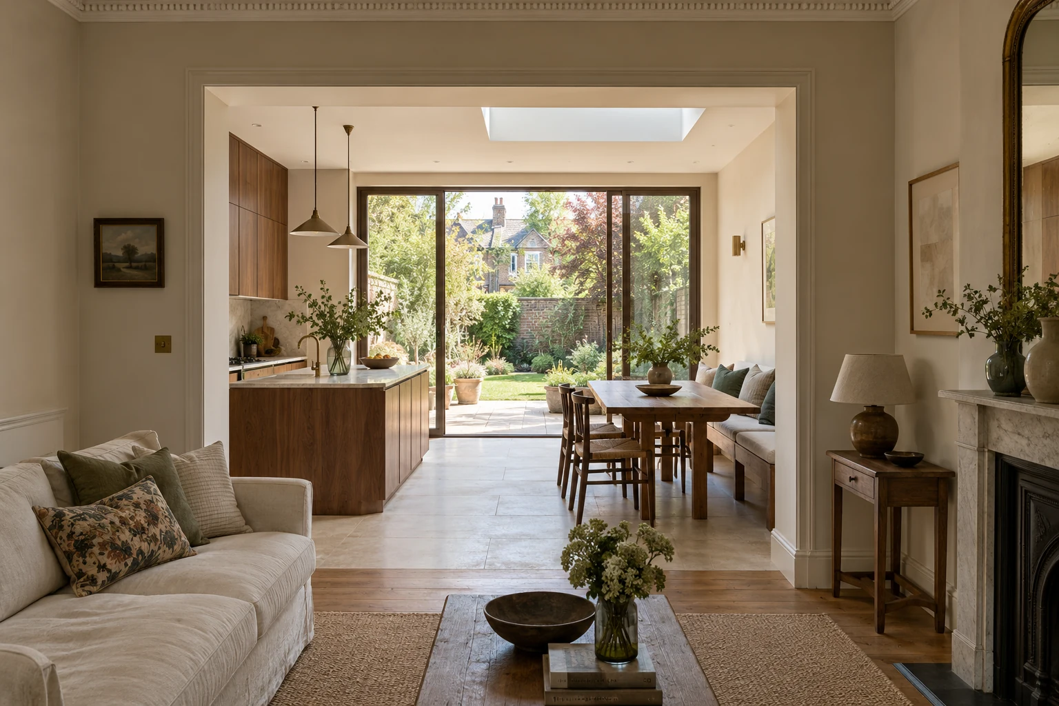Concept view from the original rooms into a garden-facing extension of a white-rendered British period home