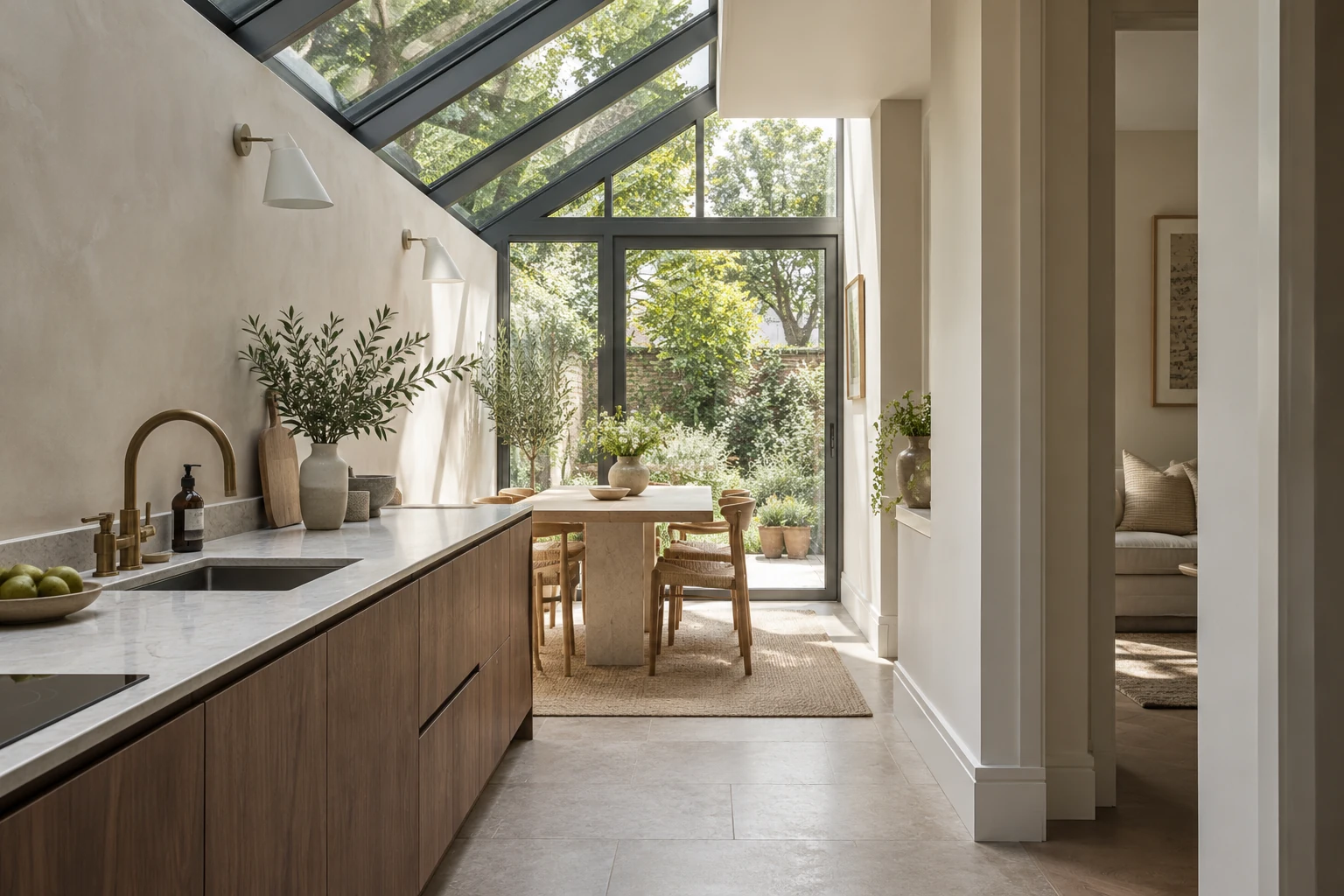 Concept side-return kitchen extension with roof glazing beside a white-rendered British period home