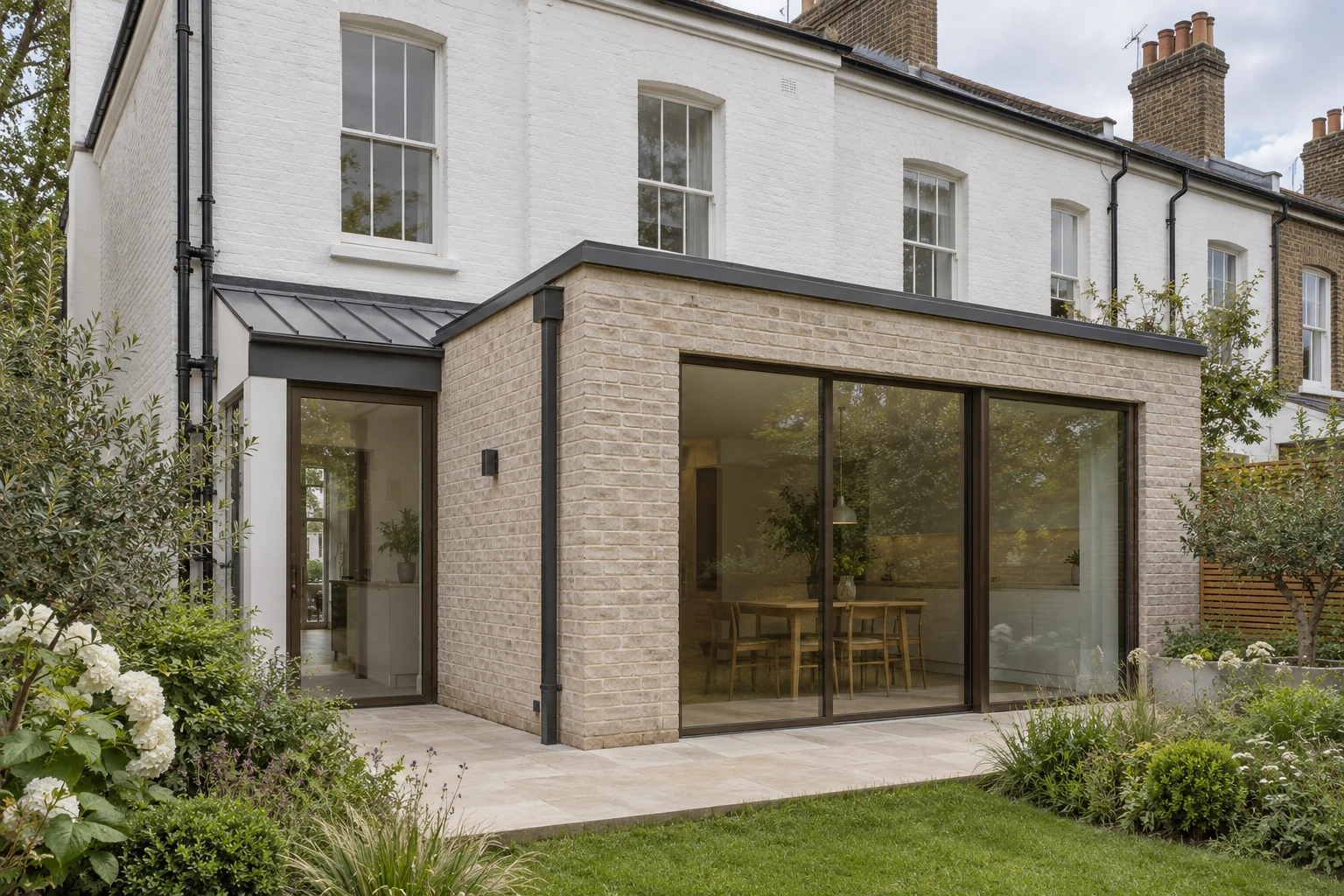 Concept wraparound side and rear extension to a white-rendered British period home